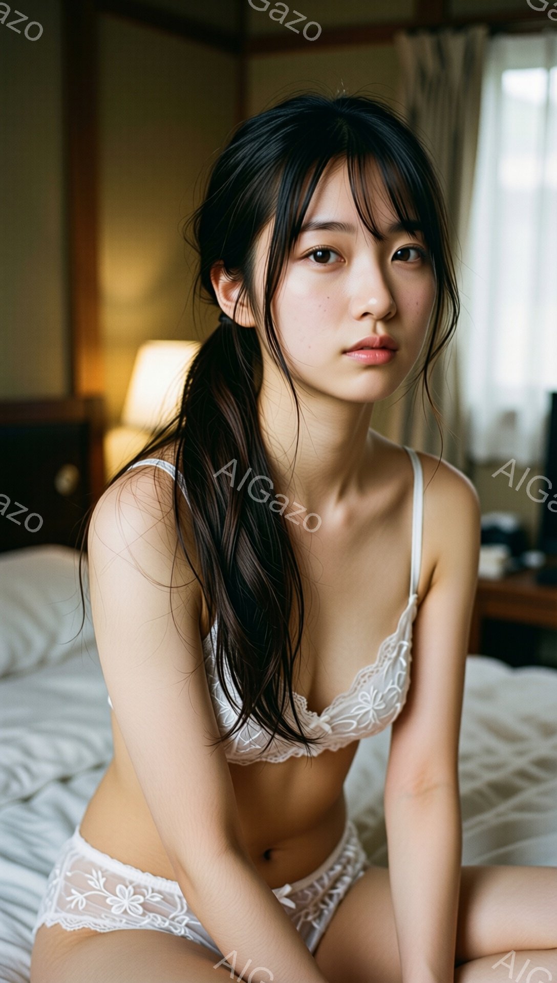 長い黒髪を一つに結んだ女性が、白いレースのブラジャーとショーツ姿でベッドに座っています。彼女はカメラに向かって穏やかな表情で微笑んでおり、肌はきめ細かく滑らかに見えます。背景には木製の家具と柔らかな光 - AI生成フリー素材