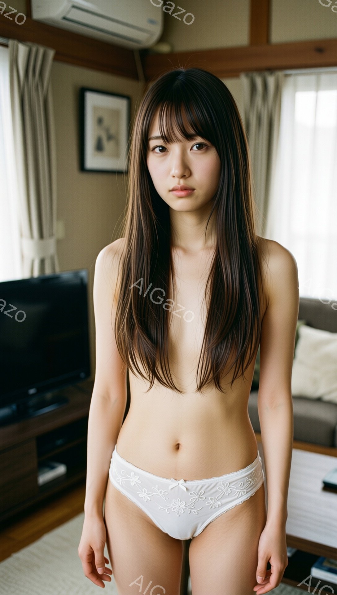 長い黒髪の女性が白い下着姿で正面を向いています。彼女はやや伏し目がちで、穏やかな表情をしています。背景には茶色の家具と畳の部屋が写っており、室内であることがわかります。