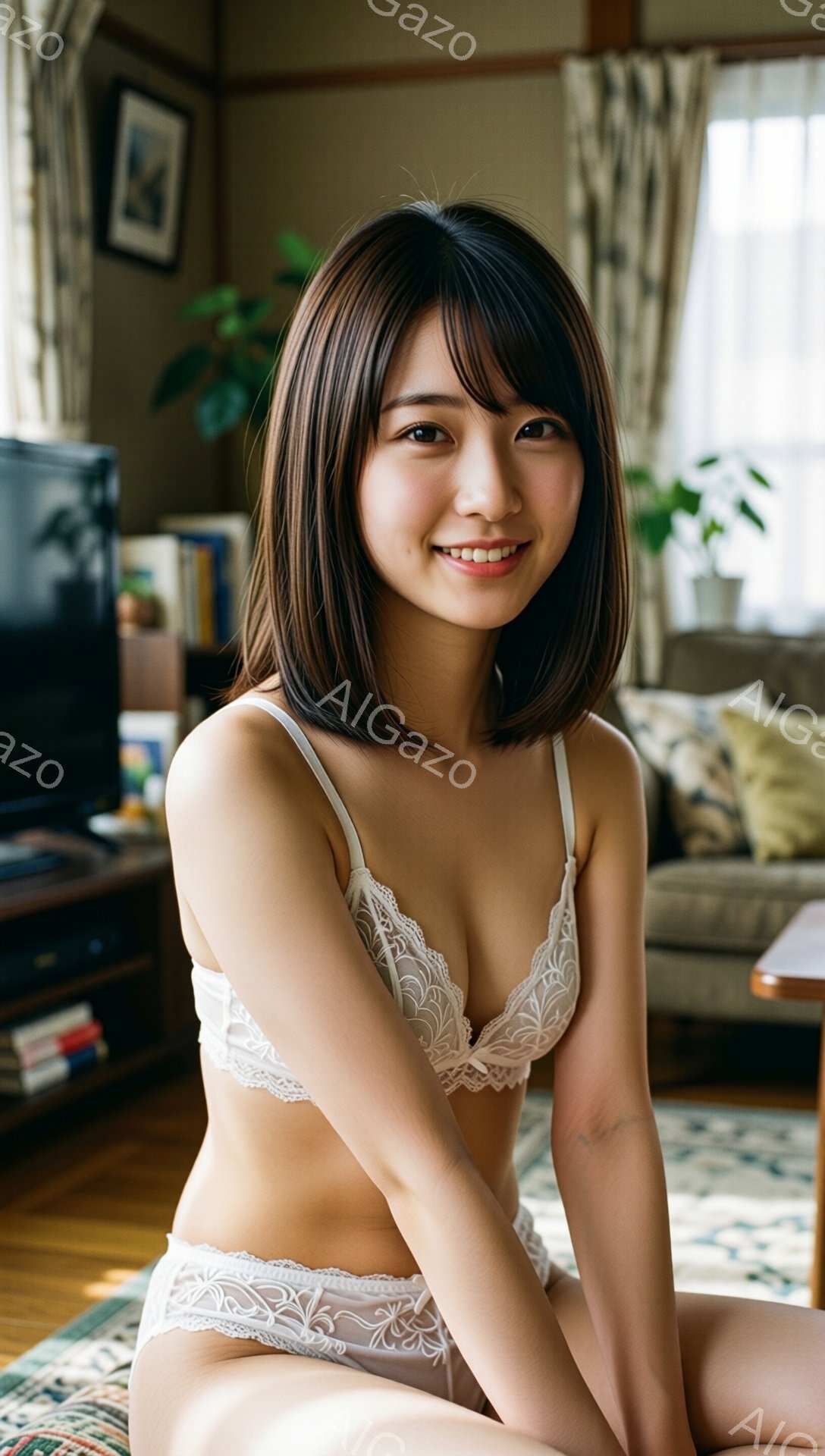 短い茶髪の女性が、レースのブラジャーとショーツを身に着けて座っています。彼女は微笑んでおり、リラックスした表情をしています。背景には、ソファ、植物、そして窓から差し込む自然光が見え、暖かく家庭的な雰囲 - AI生成フリー素材