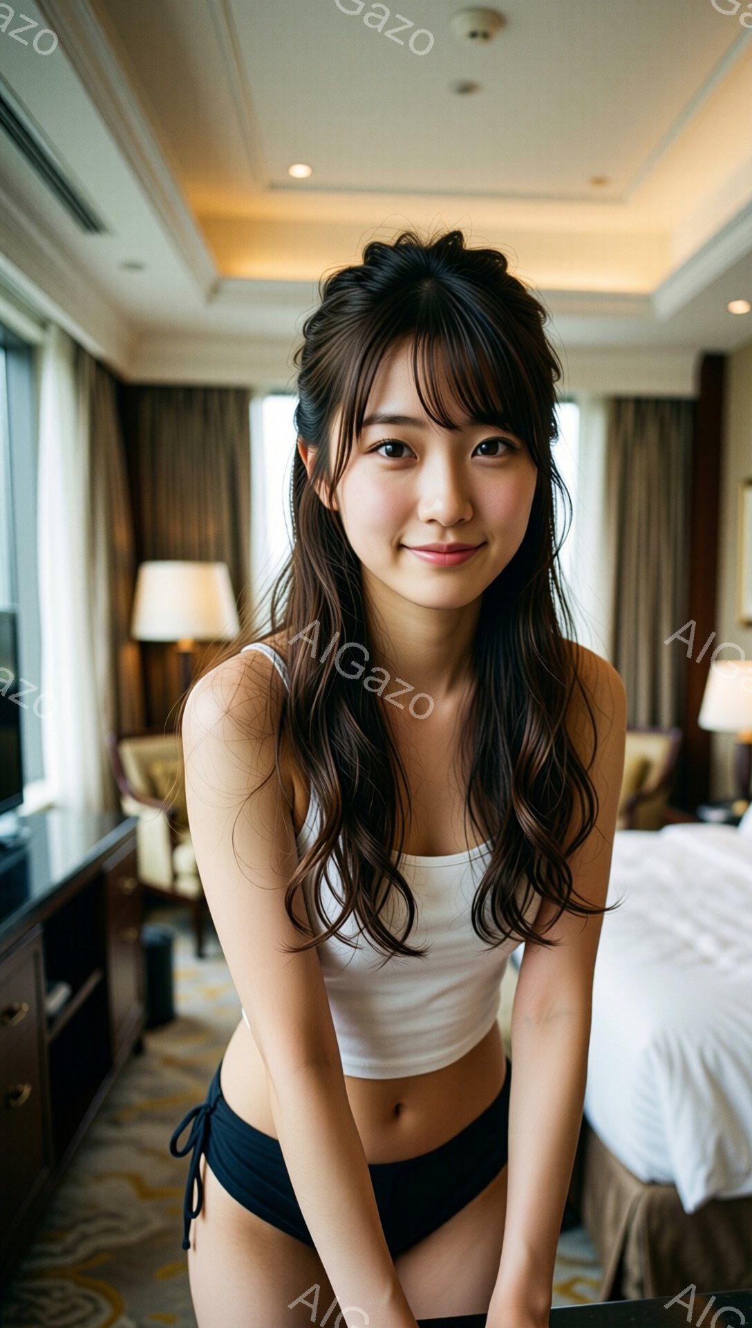 長いダークブラウンの髪を無造作に巻いた女性が、白いタンクトップと黒いビキニショーツ姿で正面を向いています。彼女はわずかに微笑んでおり、リラックスした姿勢で両手を太ももにつけています。背景はホテルの客室で、ベージュとゴールドを基調とした内装、窓からはぼんやりと都市の風景が見えます。