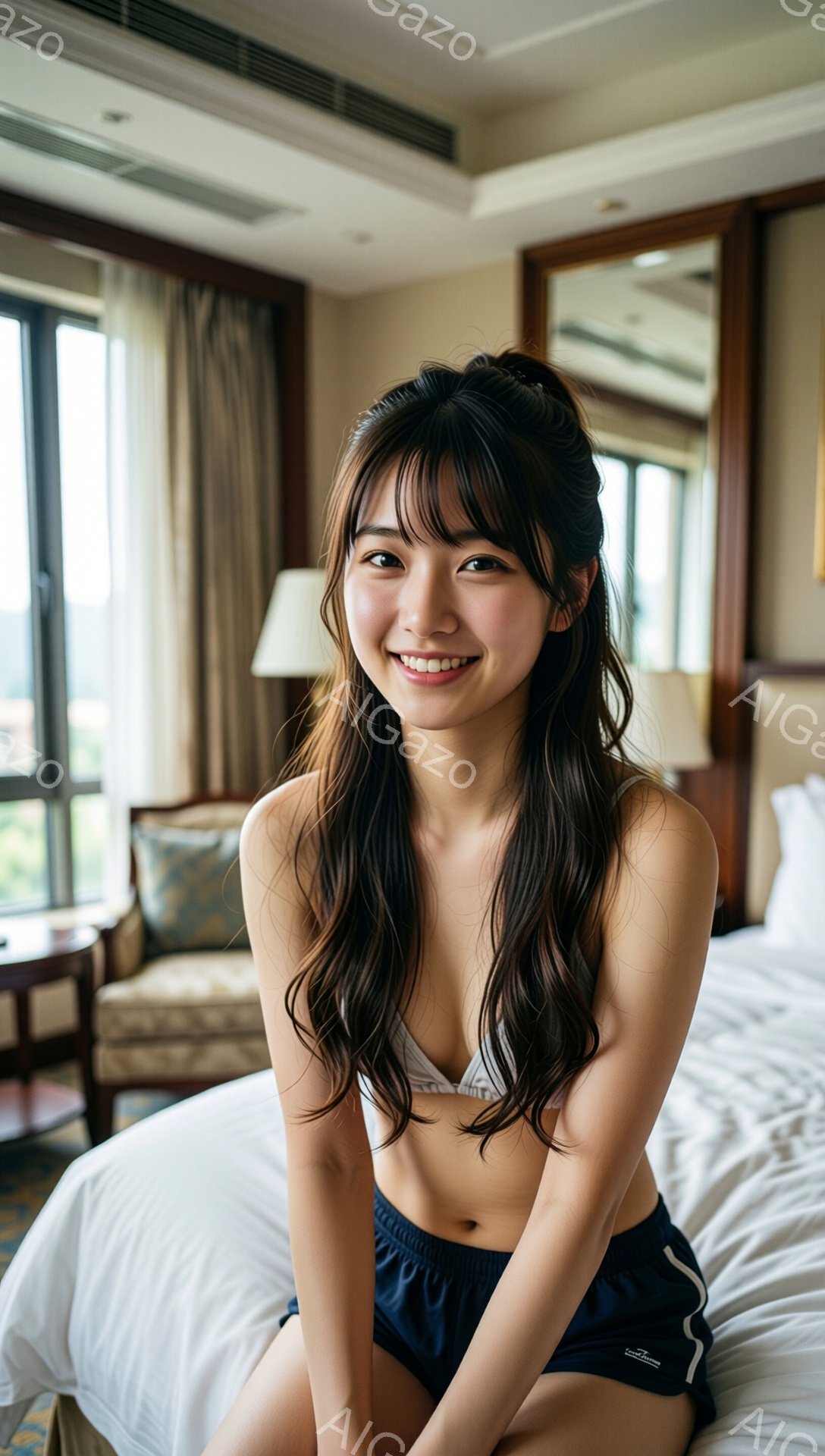 長いダークブラウンの髪は肩にかかるようにゆるくウェーブがかかり、前髪は目にかかるように切り揃えられています。女性は白いベッドに座り、紺色のショーツを着用し、上は裸です。背景には椅子と窓があり、明るい自然光が差し込み、リラックスした雰囲気です。