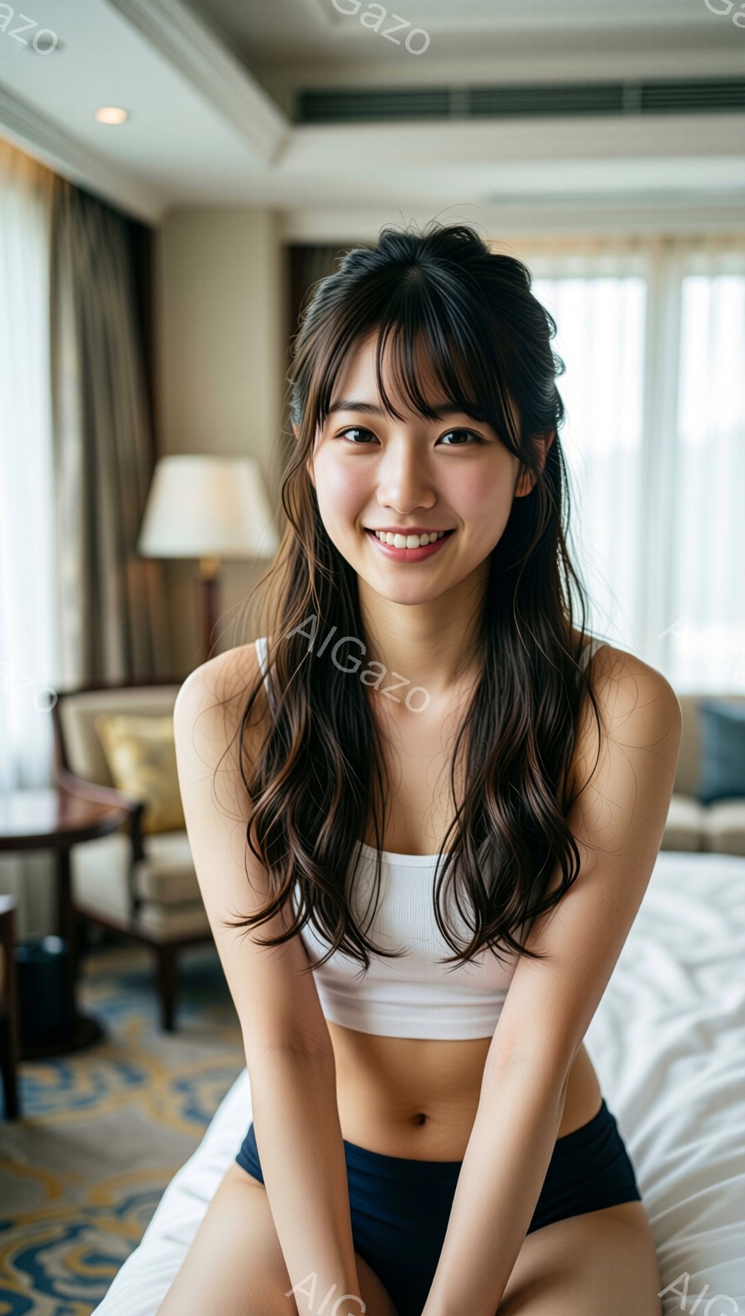 長いダークブラウンの髪を無造作にウェーブさせた女性が、白いタンクトップと紺色のビキニショーツを身につけてベッドに座っています。彼女は微笑んでおり、リラックスした雰囲気です。背景には、装飾的なラグと家具が置かれた明るい部屋が見え、自然光が差し込んでいます。