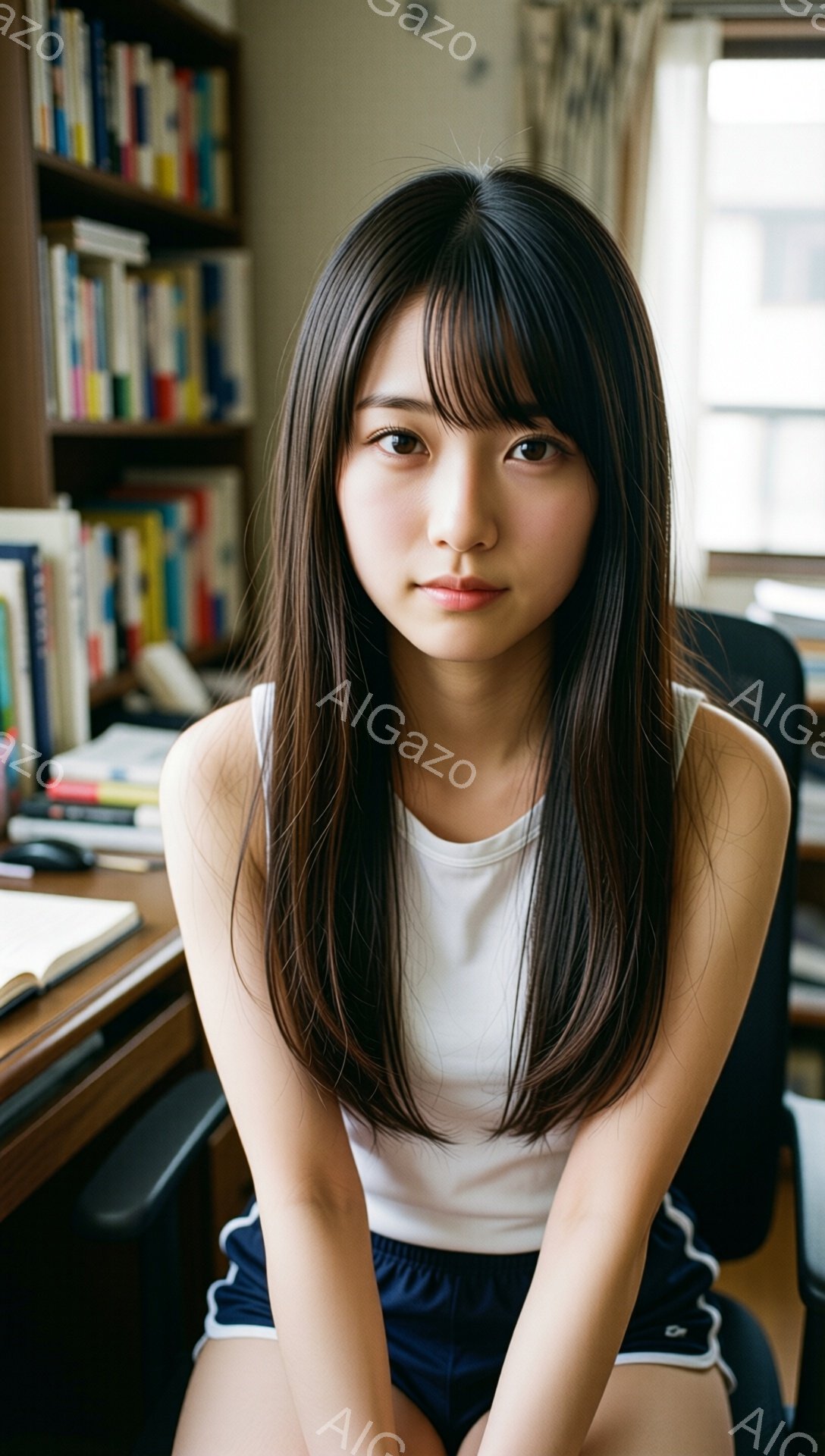 長い黒髪で、前髪が目に少しかかるようにカットされた若い女性が写っています。白いタンクトップと紺色のショートパンツを着用し、椅子に座ってこちらを見ています。背後には本棚があり、多くの本が並んでいます。 - AI生成フリー素材