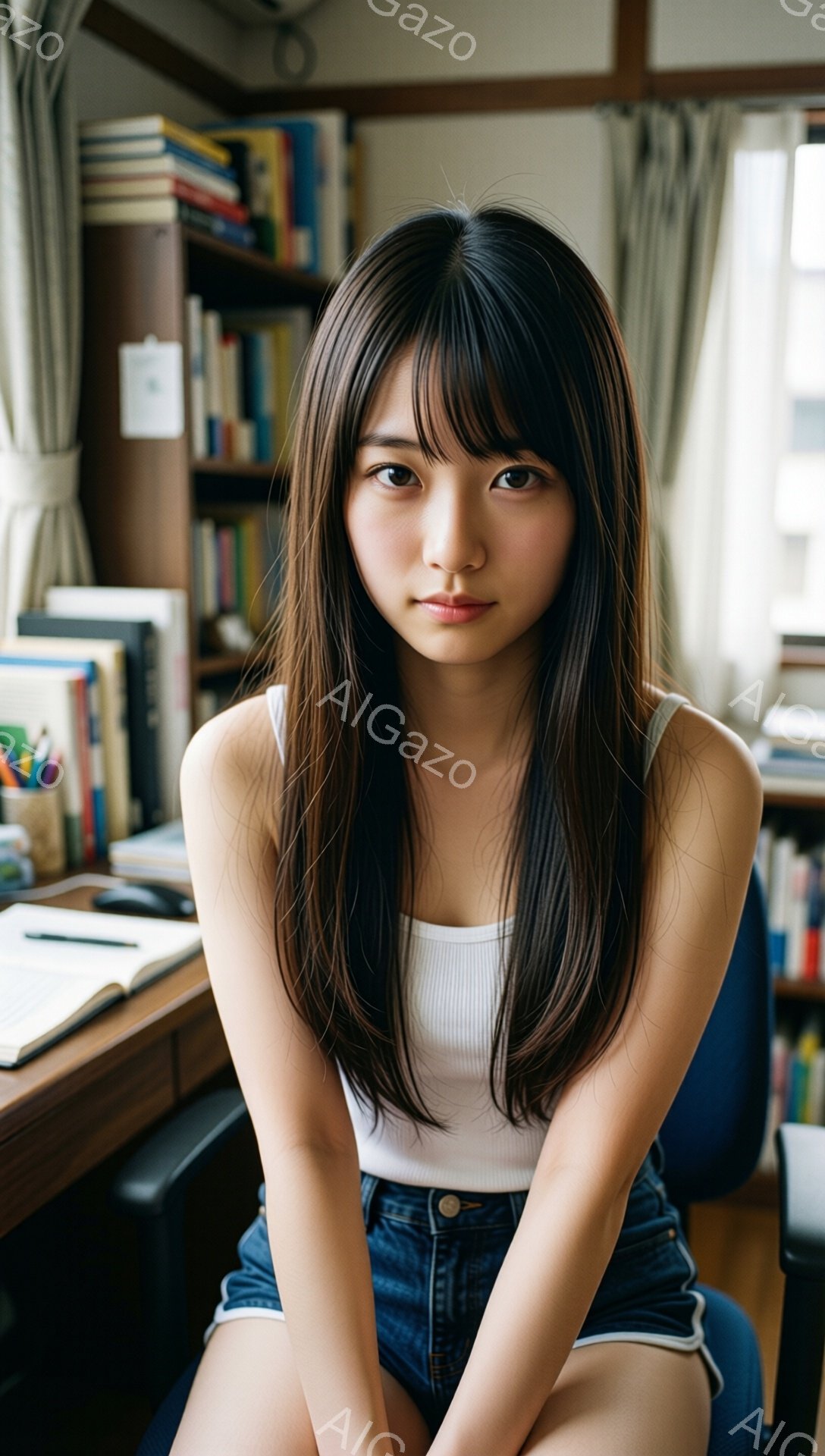 長い黒髪の女性が、白いタンクトップとデニムのショートパンツを身に着けて椅子に座っています。彼女はカメラに向かって穏やかな表情で少し微笑んでおり、姿勢はリラックスしています。背景には本棚や机があり、明るい自然光が差し込み、親しみやすい雰囲気を作り出しています。