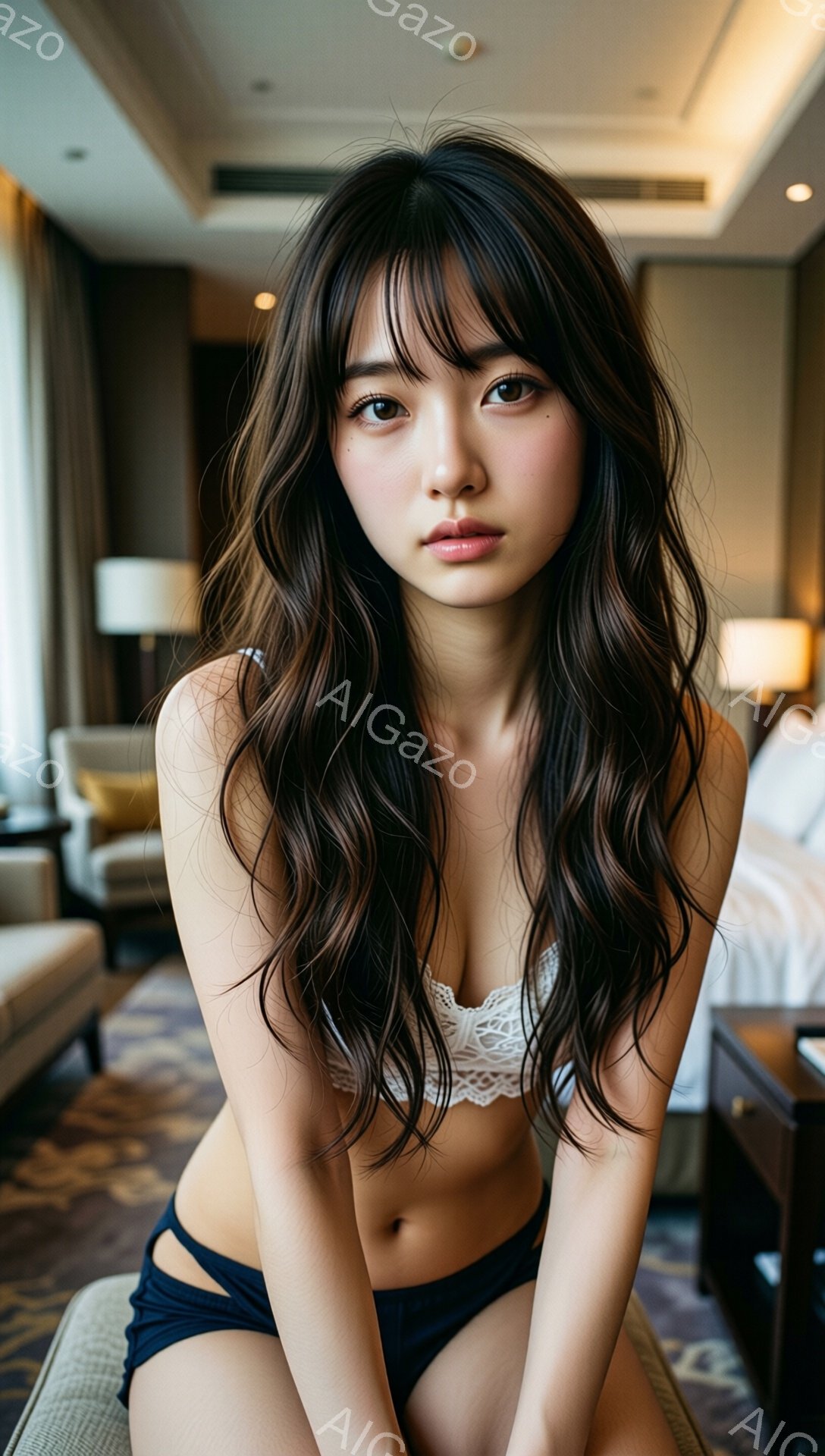 長い黒髪の女性が、白いレースのブラと紺色の下着姿で、豪華なホテルの部屋に座っています。彼女は自信に満ちた表情でカメラを見つめ、少し足を曲げてリラックスした姿勢をとっています。背景には、装飾的な家具やベ - AI生成フリー素材