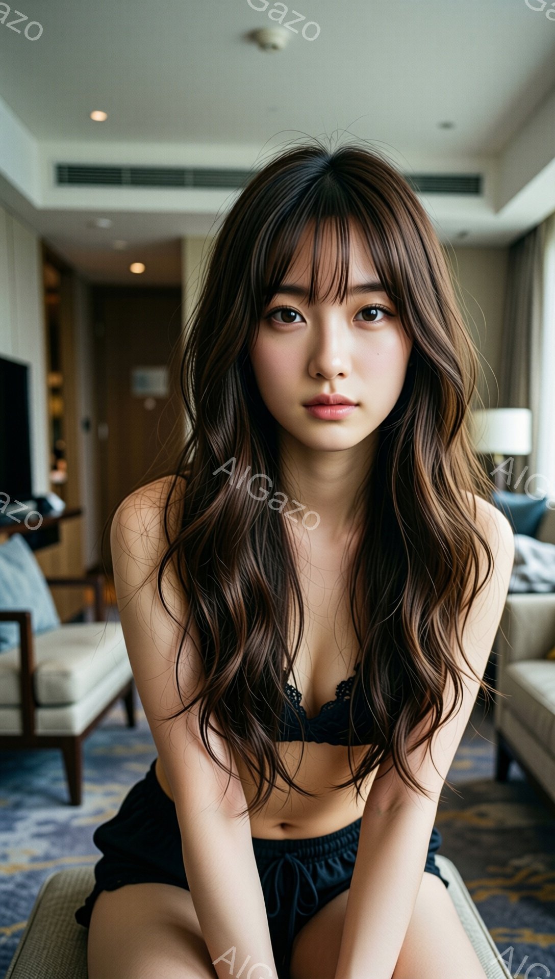 長い茶色の髪を無造作に肩まで垂らし、黒いレースのブラジャーとショーツを着用した若い女性が座っています。彼女はカメラに向かって少し微笑み、落ち着いた表情を浮かべています。背景には、薄い水色のソファーと木 - AI生成フリー素材