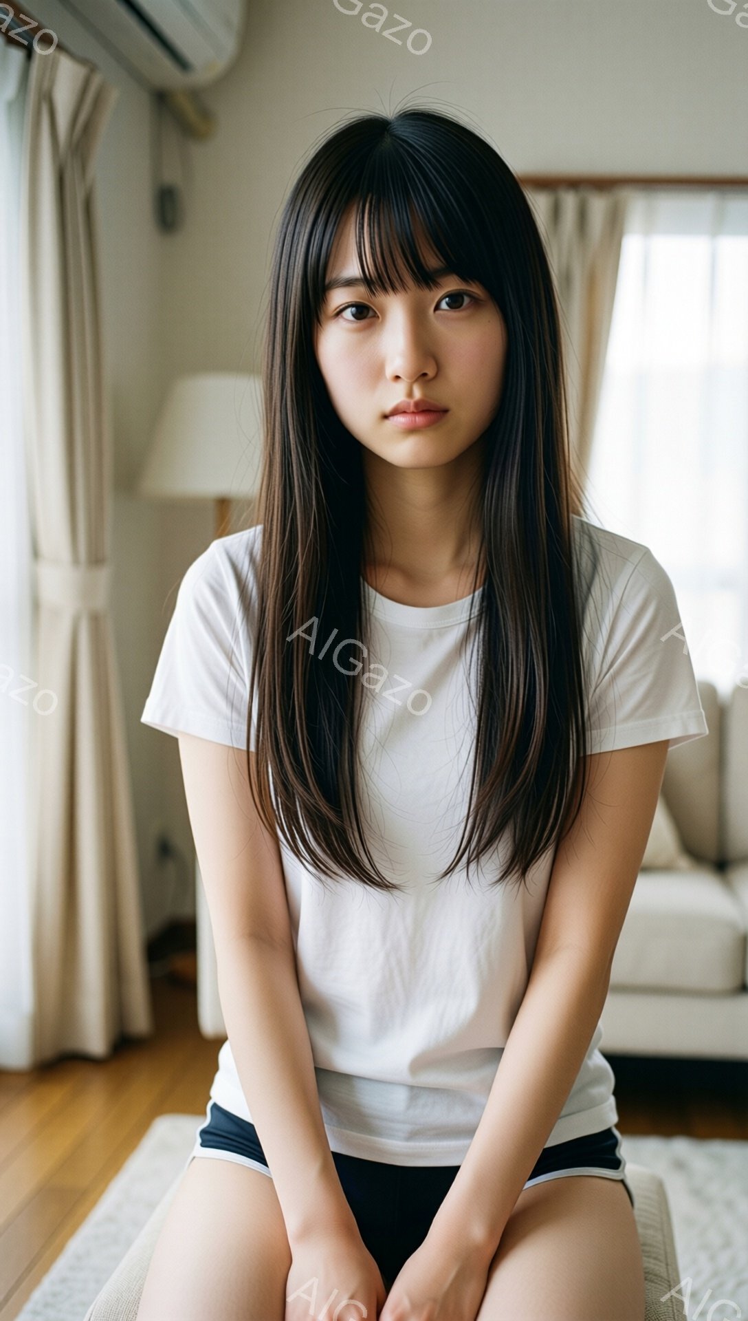 長い黒髪をセンターパートにした若い女性が、白いTシャツと黒いショートパンツ姿で座っている。表情は穏やかで、視線は正面を向いている。背景にはベージュのカーテンとソファが見え、室内であることがわかる。