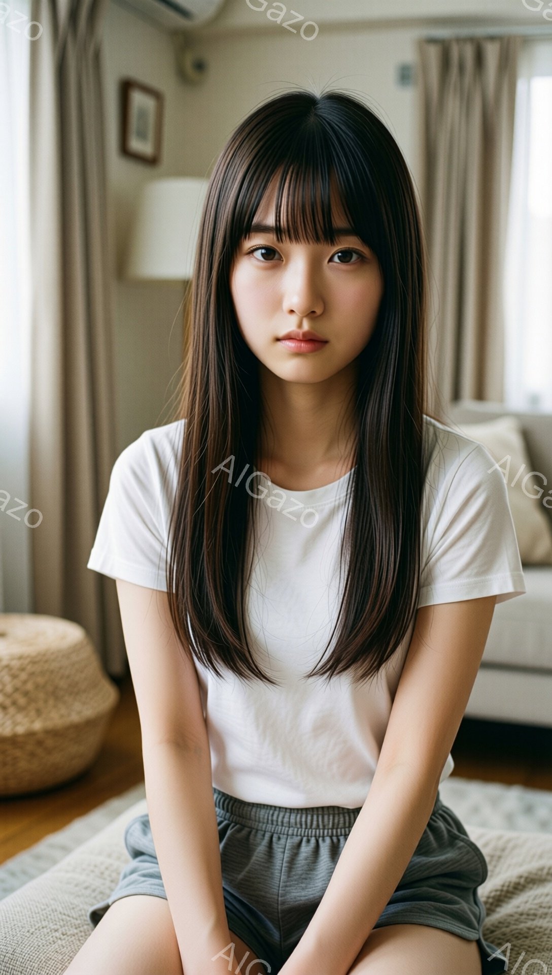 長い黒髪の女性が、白いTシャツとグレーのショートパンツを着て、床に座っています。彼女は少し憂いを帯びた表情で、まっすぐ前を見つめています。背景にはベージュ色のソファと籐製の椅子が見え、室内が穏やかな雰囲気を作り出しています。