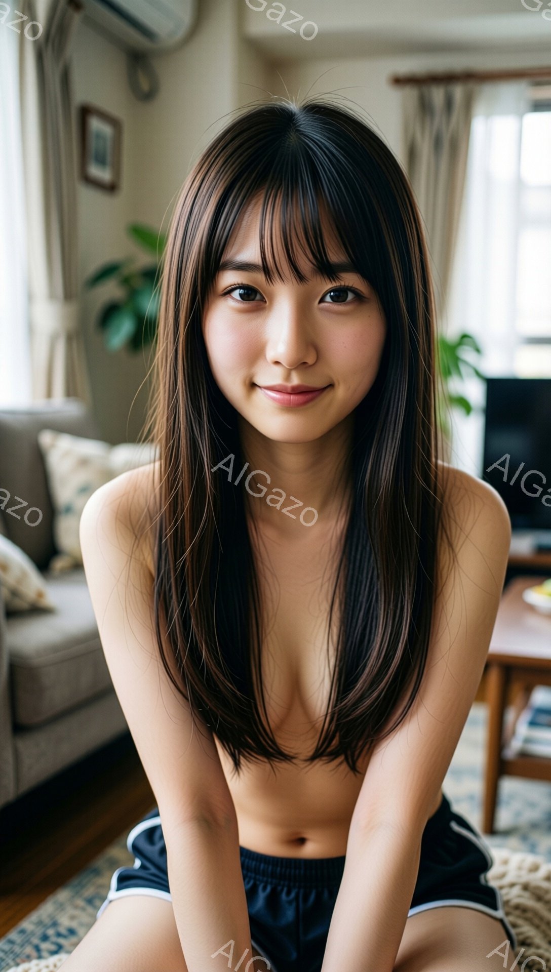 長い黒髪で、前髪が目の上まで伸びています。彼女は白いソファのある部屋で、黒いショーツのみを着用し、微笑んでいます。背景には木製の家具や観葉植物が見え、明るく家庭的な雰囲気が漂っています。