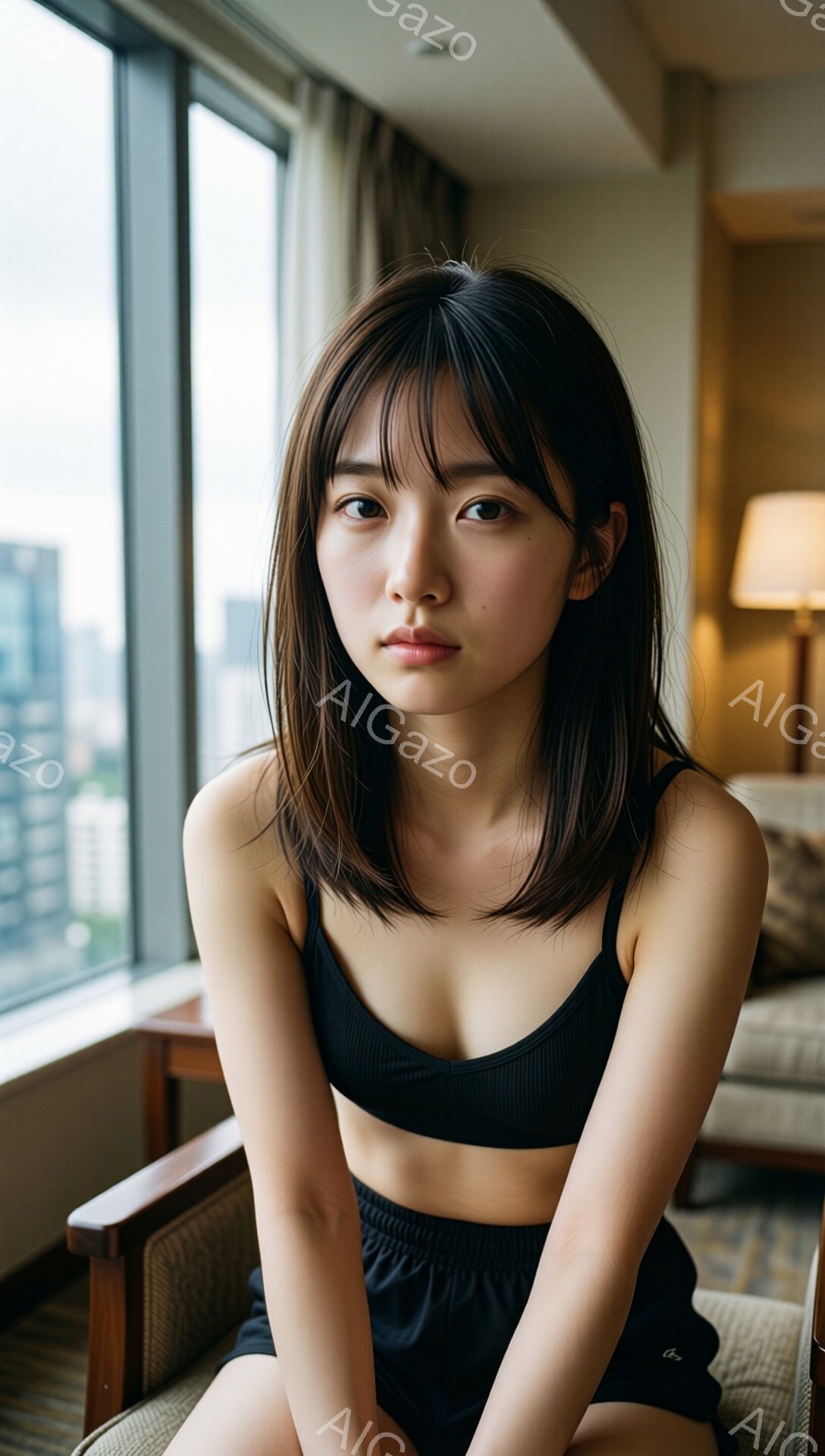 黒いスポーツブラとショーツを着用した若い女性が、窓際の椅子に座っています。彼女はダークブラウンの肩までの長さの髪で、少し物憂げな表情をしています。背景には高層ビルが見え、室内は明るく、落ち着いた雰囲気です。