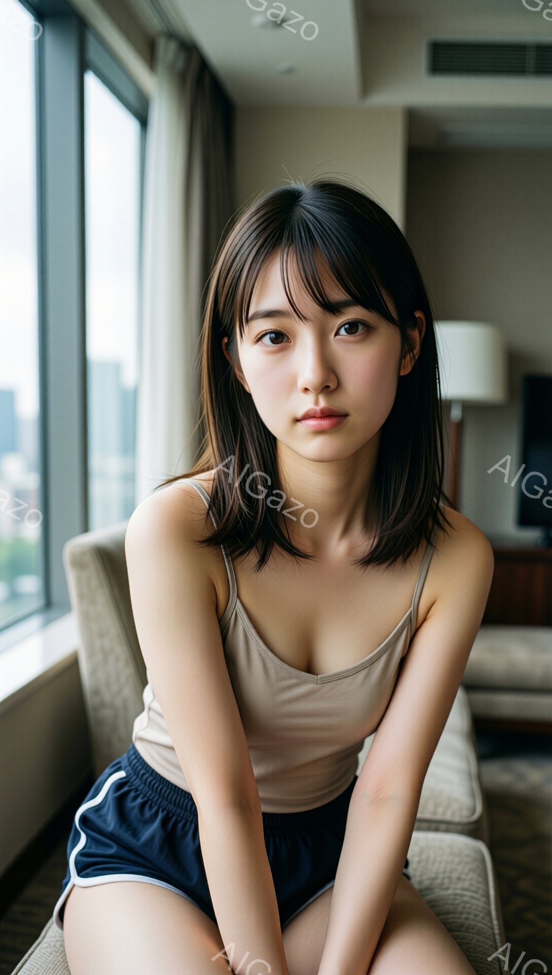 彼女は薄茶色のキャミソールと紺色のショートパンツを着て、灰色の椅子に座っています。肩までの黒髪はストレートで、少し無表情な表情をしています。背景には窓と都市の風景が見え、室内は明るく、穏やかな雰囲気が - AI生成フリー素材