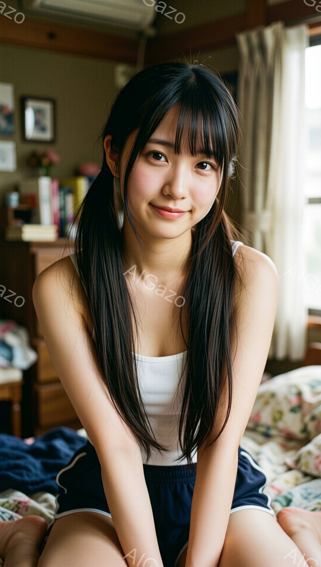 長い黒髪をセンターパートにして、前髪を少しだけ分け、顔周りを華やかにしています。白いタンクトップと紺色の短いパンツを着用し、ベッドに座ってリラックスした表情でこちらを見ています。背景には木製の家具や花柄のベッドカバーが見え、窓から差し込む自然光が穏やかな雰囲気を醸し出しています。