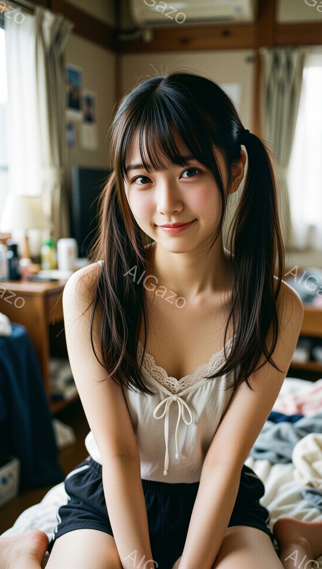 長い黒髪を左右に分けて、後ろで二つのポニーテールに結んでいる女性が写っています。白いレースのキャミソールと黒いショートパンツを着て、ベッドに座って微笑んでいます。背景には木製の家具やカーテンが見え、室 - AI生成フリー素材