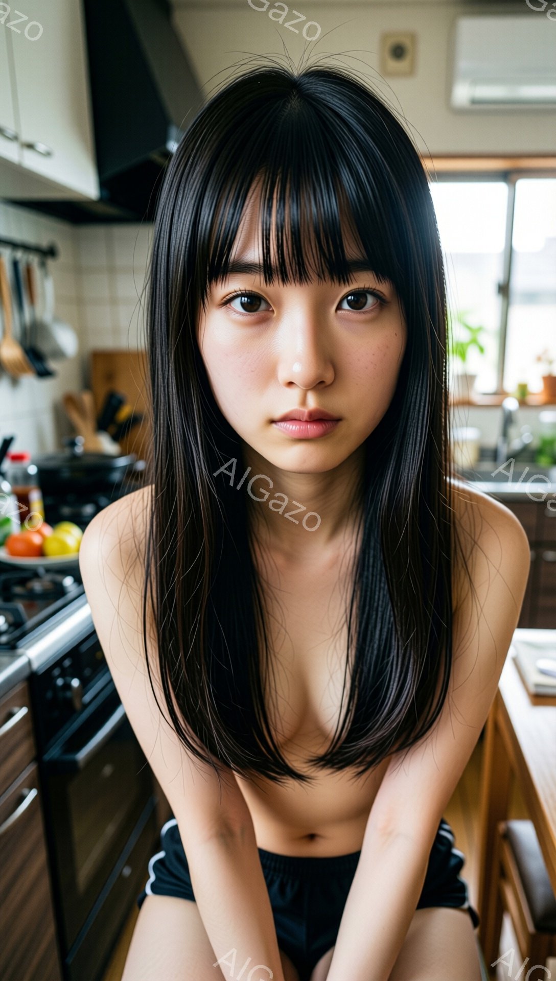 長い黒髪で前髪が目を覆う若い女性が写っている。彼女は上半身裸で、短い黒いショーツを着用し、椅子に座ってカメラを見つめている。背景にはキッチンがあり、調理器具や食器が置かれ、窓から自然光が差し込んでいる。