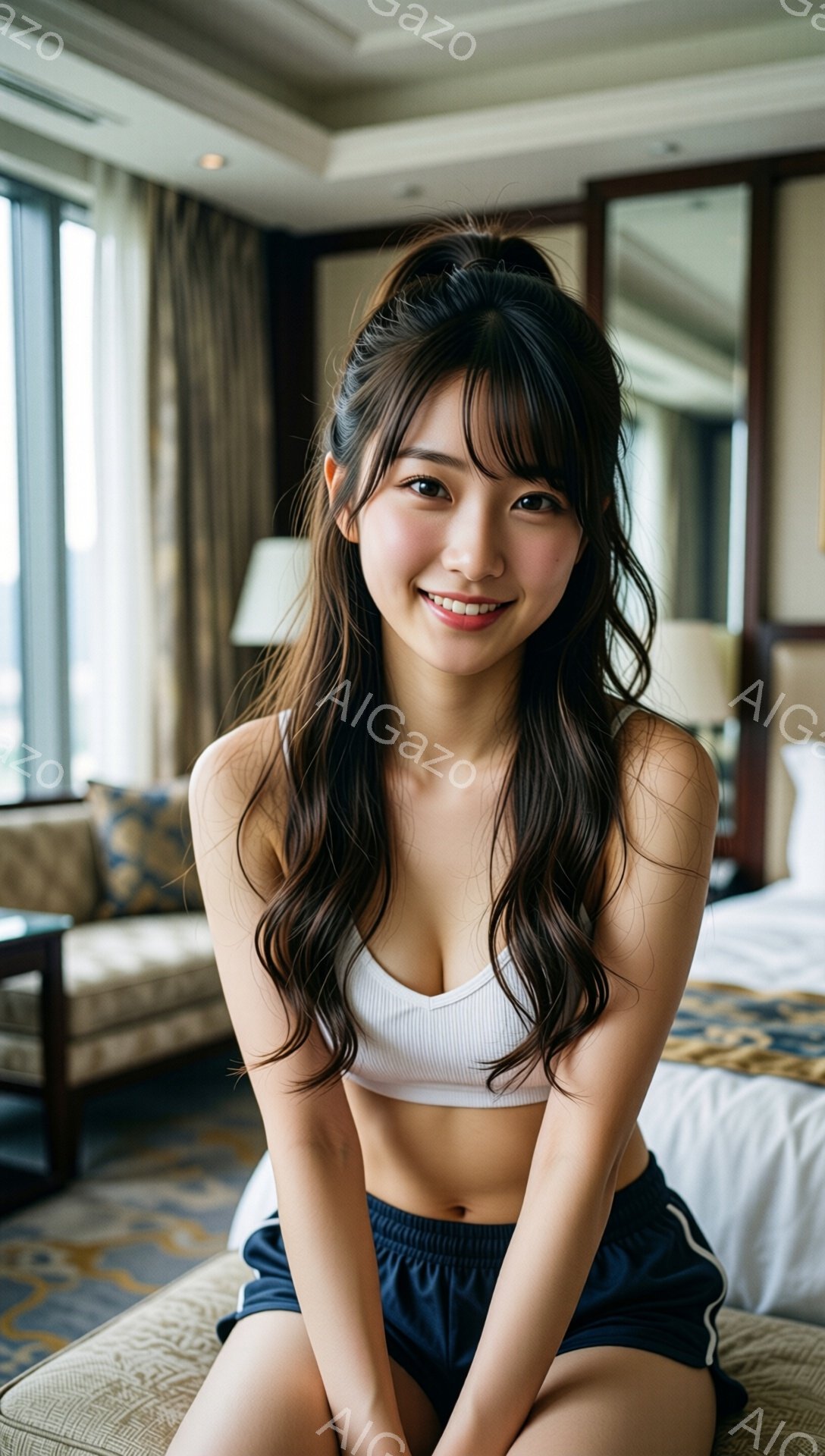 明るい室内で、女性が白いスポブラと紺色のショートパンツ姿で座っています。彼女は笑顔でカメラを見つめ、長い茶色の髪を半ばアップにしています。背景には、クリーム色のソファとベッド、そして窓の外には都市の景 - AI生成フリー素材