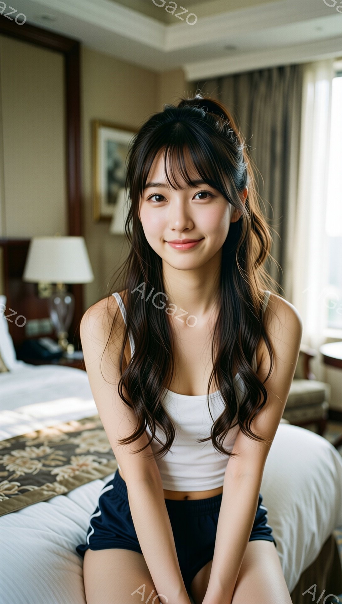 長い黒髪をセンターパートにし、前髪は少しふんわりと流した女性が、白いタンクトップと紺色のショートパンツ姿でベッドに座っています。微笑みを浮かべ、リラックスした表情でカメラを見ており、背景にはベージュ系の落ち着いたインテリアと窓から見える街並みが見えます。 全体的に、明るく親しみやすい雰囲気の写真です。