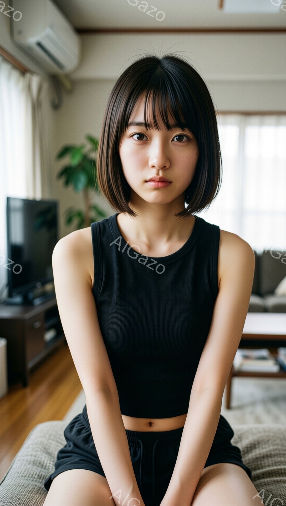 短い黒髪で前髪が目の上まである女性が、黒いクロップド丈のタンクトップとショーツを着用して座っています。彼女はリラックスした姿勢で、やや物憂げな表情をしています。背景には木製の家具や植物、窓から差し込む自然光が見え、室内が明るく穏やかな雰囲気です。