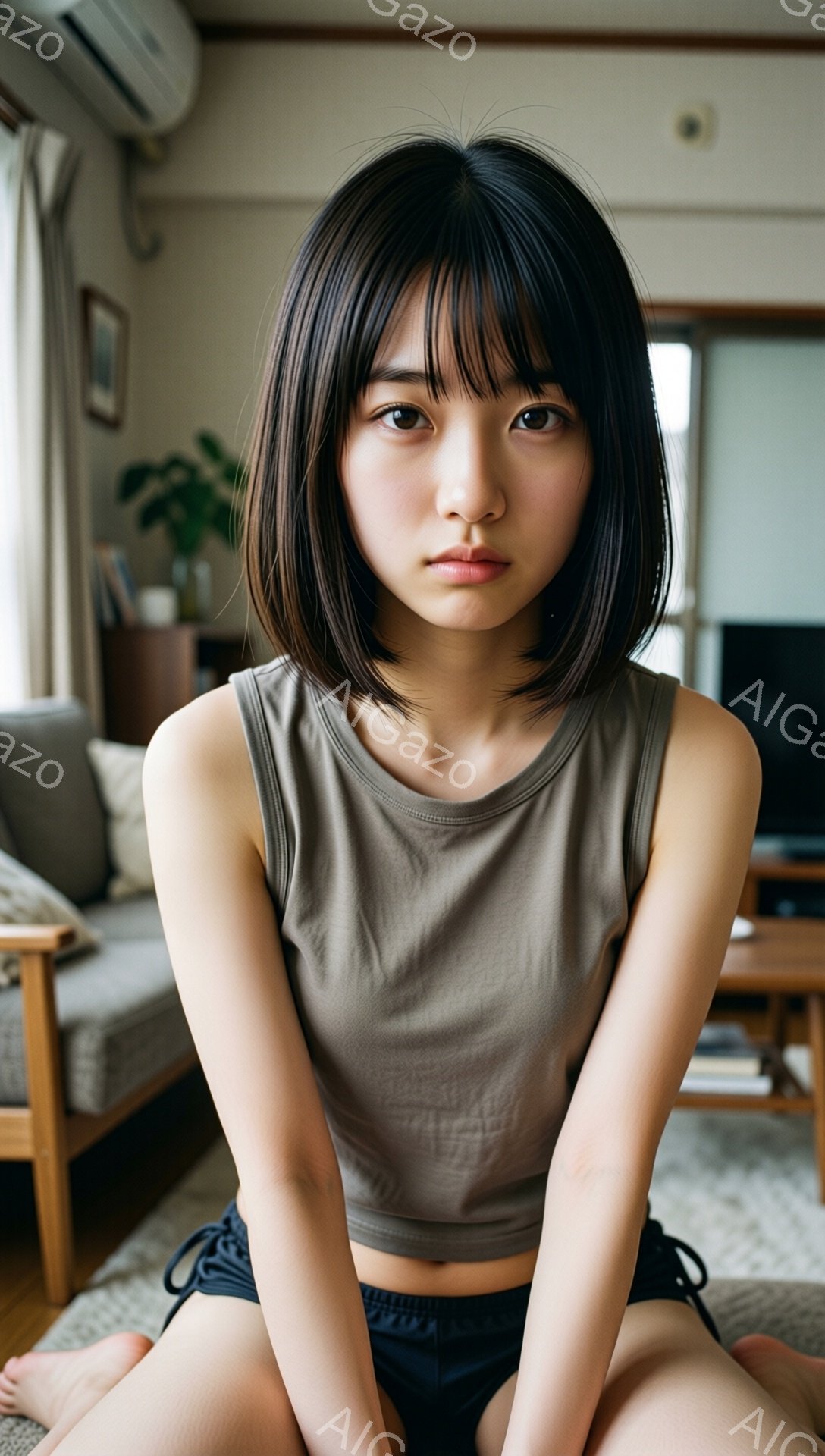 ショートヘアの女性が、ベージュ色のタンクトップと黒のショートパンツを身につけて座っています。彼女はまっすぐ前を見ており、表情は落ち着いてやや無表情です。背景にはソファと植物が見え、室内は明るく暖かく、 - AI生成フリー素材