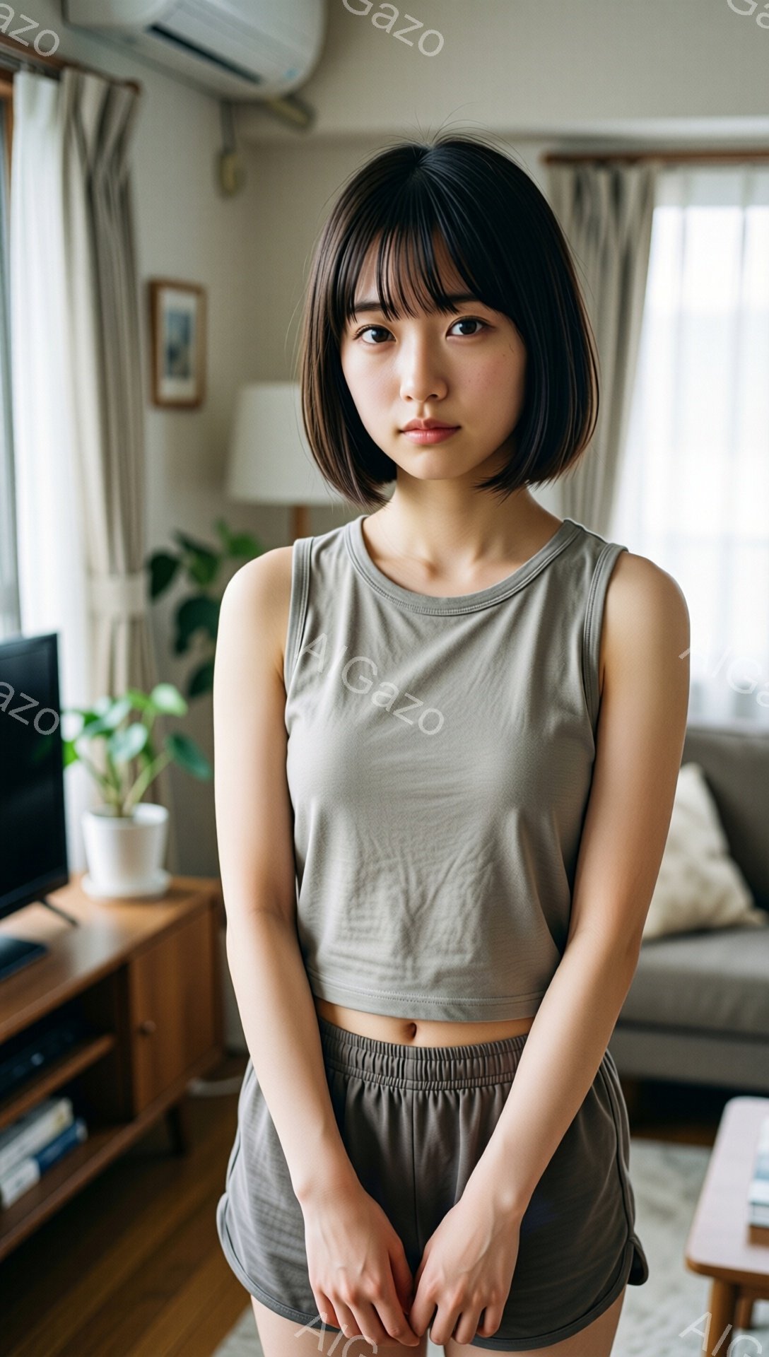 短い茶色の髪の女性が、ベージュのクロップド丈トップスとショートパンツを着て立っています。彼女は前を向き、少し憂いを含んだ表情をしています。背景には木製のキャビネットやソファが見え、リビングルームのような室内空間で撮影されています。