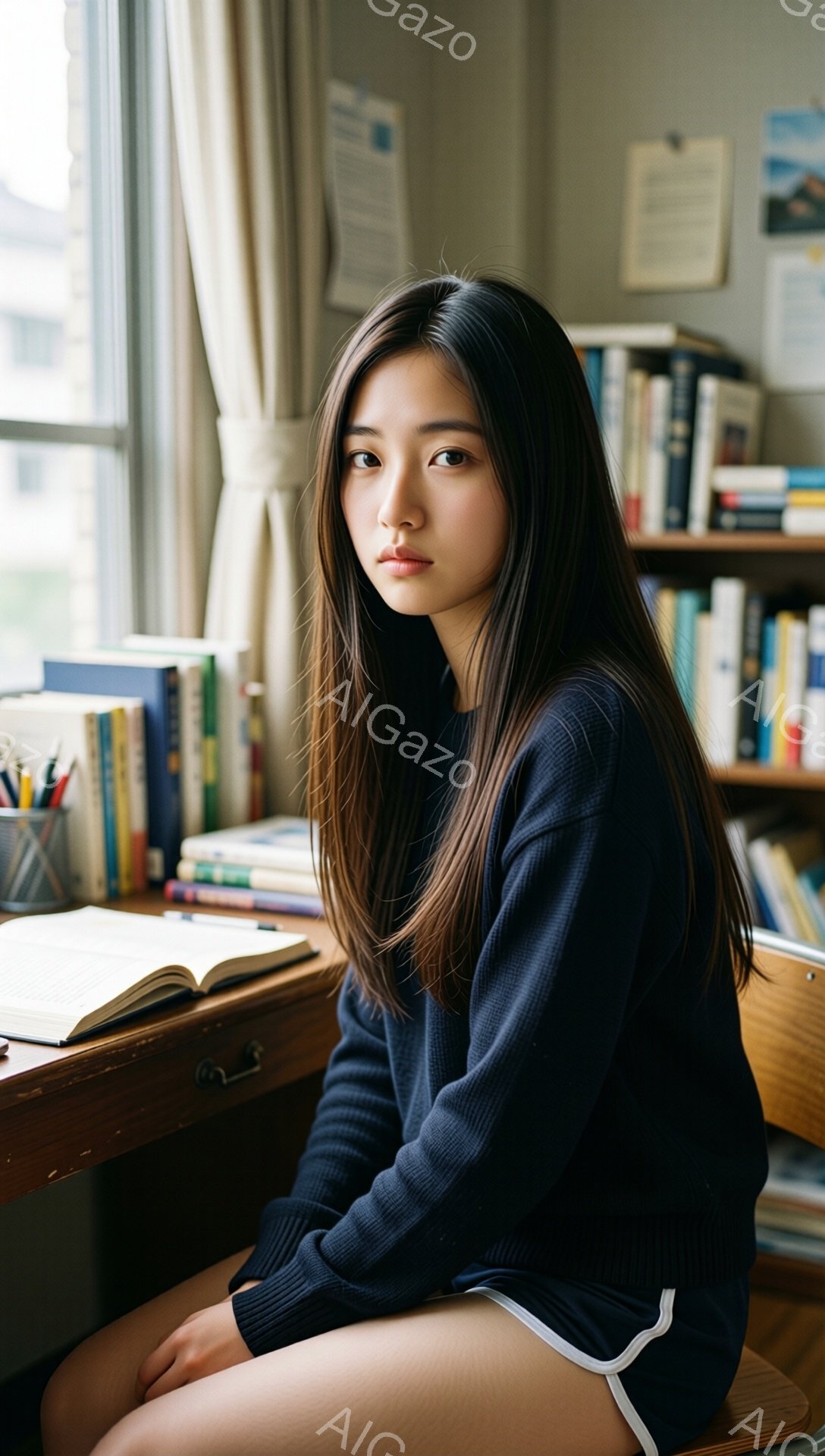 長い黒髪を肩から下で伸ばした若い女性が、木の机の前に座っています。彼女は濃い紺色のセーターと白いショートパンツを着ており、少し憂いを帯びた表情でカメラを見ています。背景には本棚が並び、窓からは自然光が - AI生成フリー素材