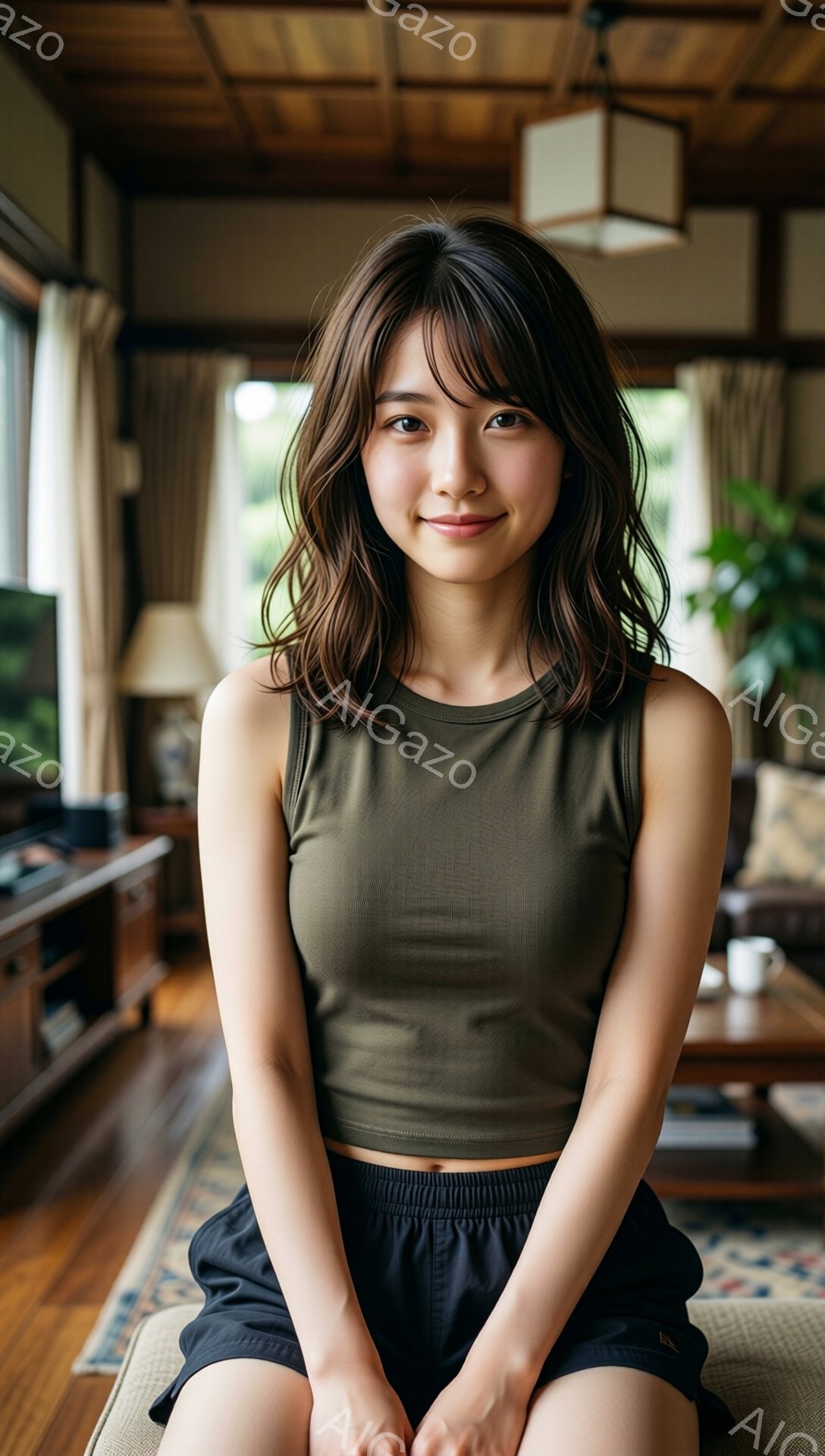 若い女性が、明るいリビングルームに座ってこちらを見ています。彼女はオリーブグリーンのクロップド丈のタンクトップと黒のショーツを着用し、肩までかかるゆるいウェーブヘアをしています。背景には木製の家具や観葉植物が見え、部屋全体が穏やかでリラックスした雰囲気です。