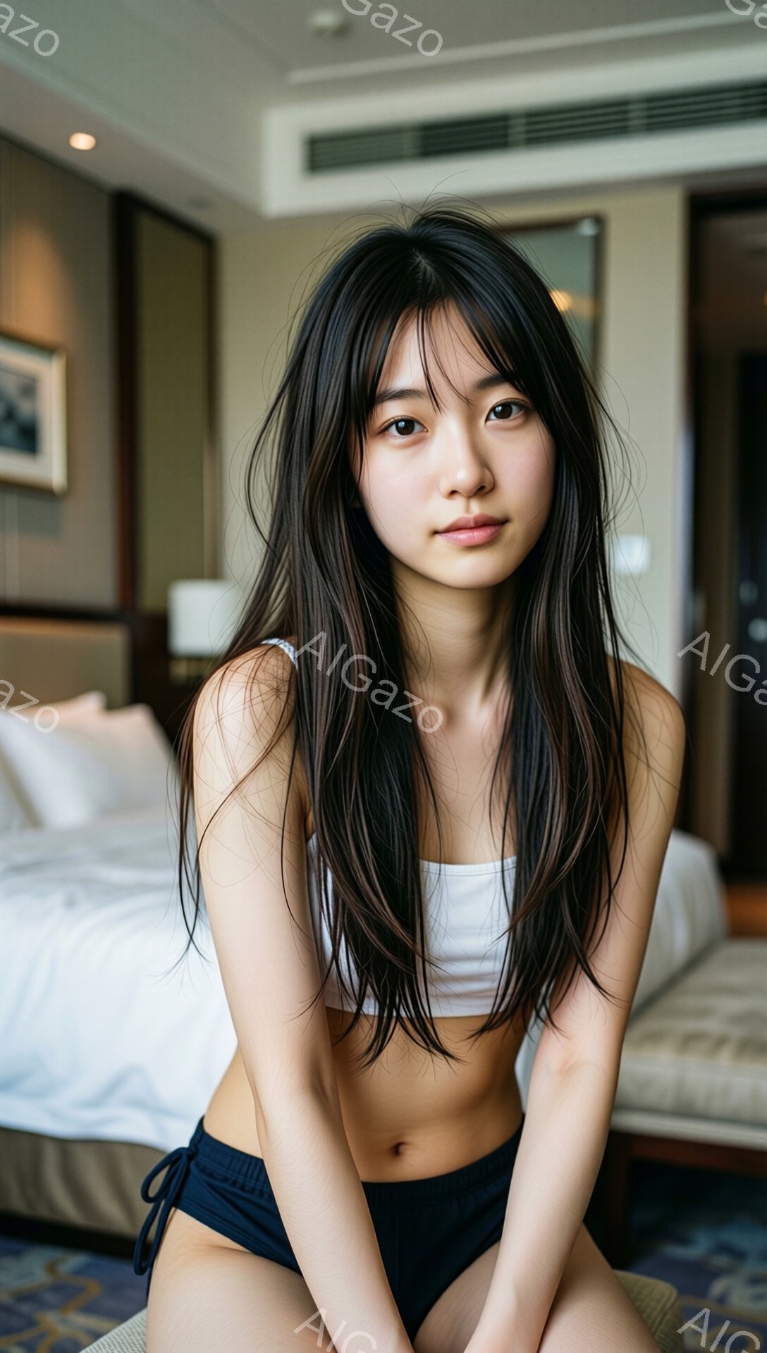 長い黒髪を無造作に垂らした若い女性が、白いトップスと紺色のビキニショーツ姿で座っています。彼女はカメラを見つめ、穏やかで少し物憂げな表情をしています。背景には白いベッドと、敷物が敷かれた室内が広がって - AI生成フリー素材