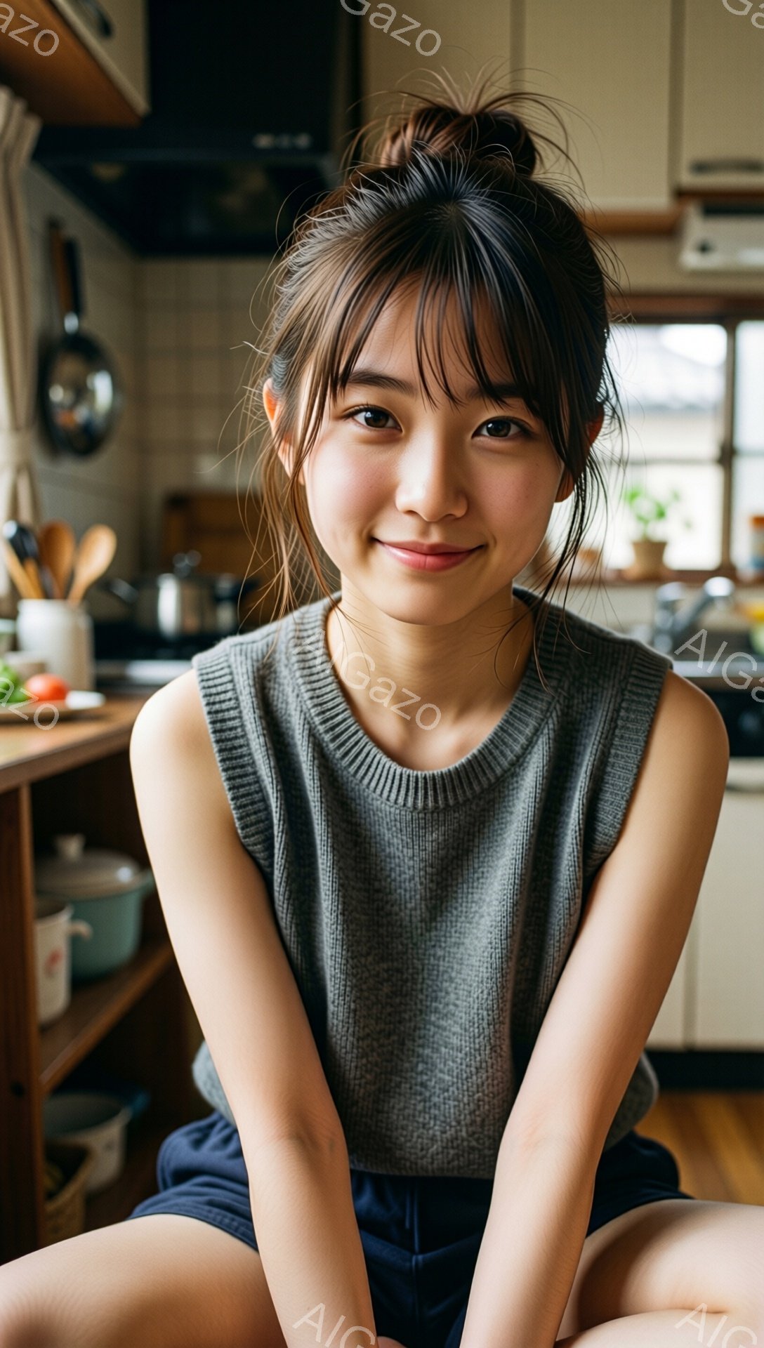 若い女性がキッチンで微笑んでいます。彼女はグレーのニットベストと紺色のショートパンツを着ており、髪を無造作にまとめたアップスタイルにしています。背景には調理器具や食器棚が見え、明るく家庭的な雰囲気が漂っています。