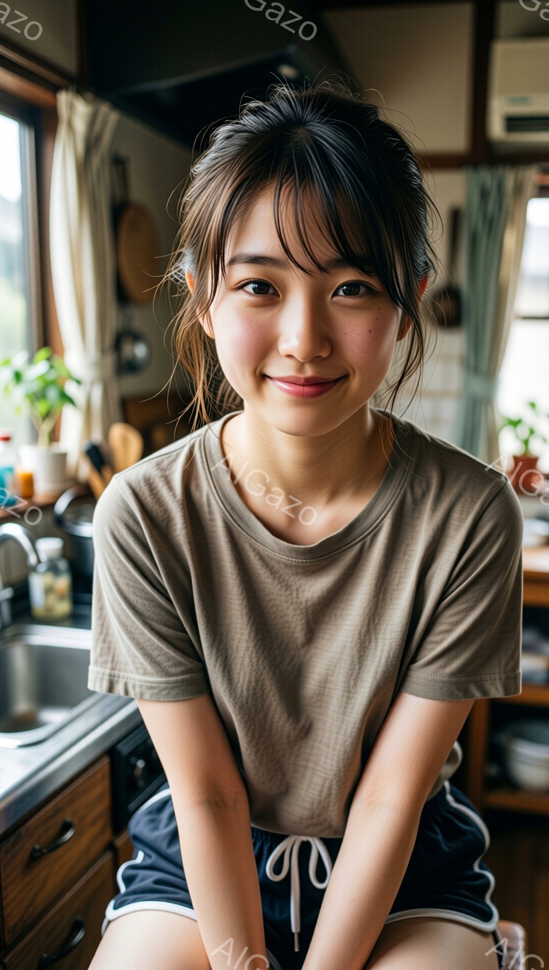 画像には、明るいキッチンで微笑む若い女性が写っています。彼女はベージュ色のTシャツと紺色の短パンを着ており、髪は軽くお団子にして前髪が顔にかかっています。背景には木製のキッチンキャビネット、窓からの自然光、そしていくつかの植物が見え、温かく親しみやすい雰囲気です。