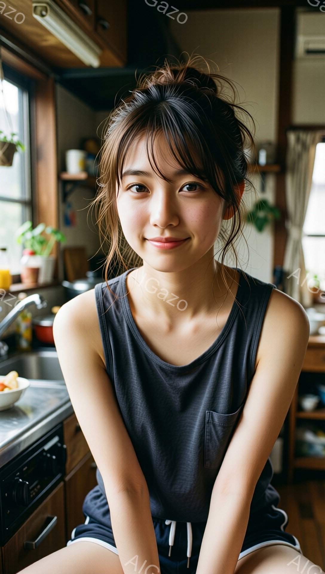 若い女性がキッチンで少し上目遣いに座ってこちらを見ています。彼女はグレーのタンクトップと黒のショーツ姿で、髪は無造作にまとめたお団子ヘアです。背景にはキッチンカウンター、シンク、植物、そして窓から差し込む自然光が見え、温かくリラックスした雰囲気です。