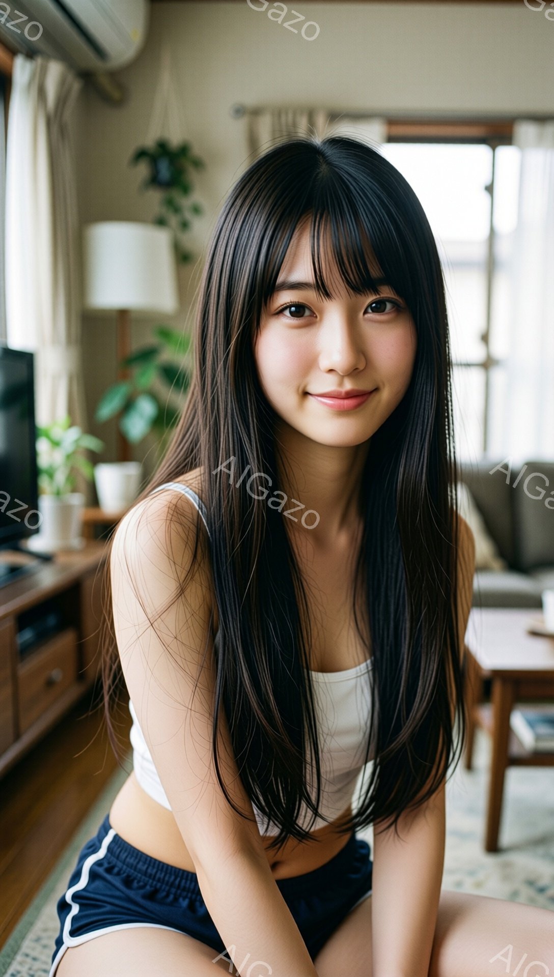 長い黒髪で、前髪が少し目にかかるようにカットされた若い女性が写っている。白いタンクトップと紺色のショートパンツを着用し、わずかに微笑んでいる。背景には木製の家具や植物が見え、リビングルームのような室内空間でリラックスした雰囲気が漂っている。