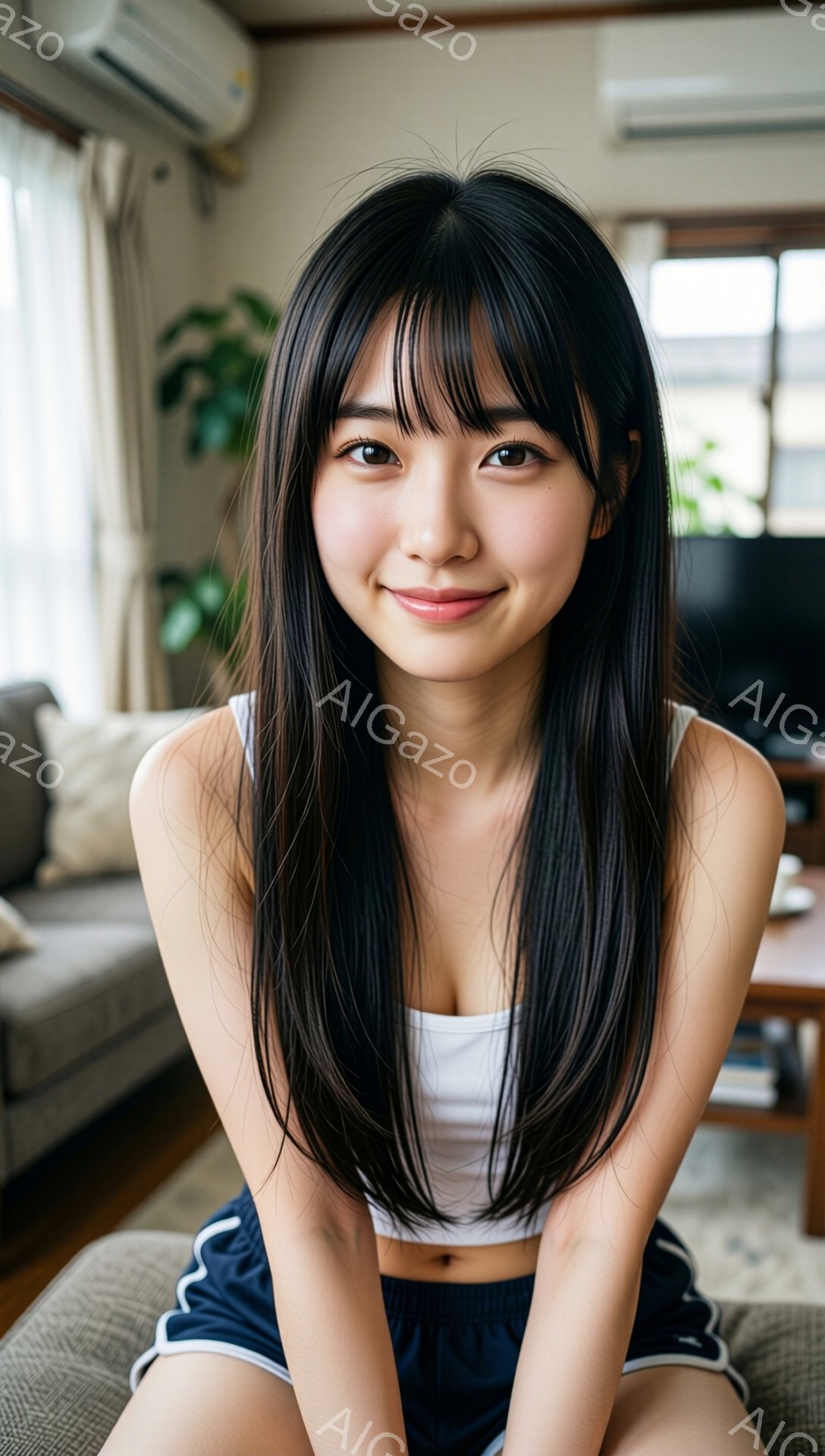 長い黒髪で、前髪は眉毛にかかるように切り揃えられています。白いタンクトップと紺色のショートパンツを着ており、少しお腹が見えています。彼女はソファに座ってカメラに向かって微笑んでおり、リラックスした雰囲気です。