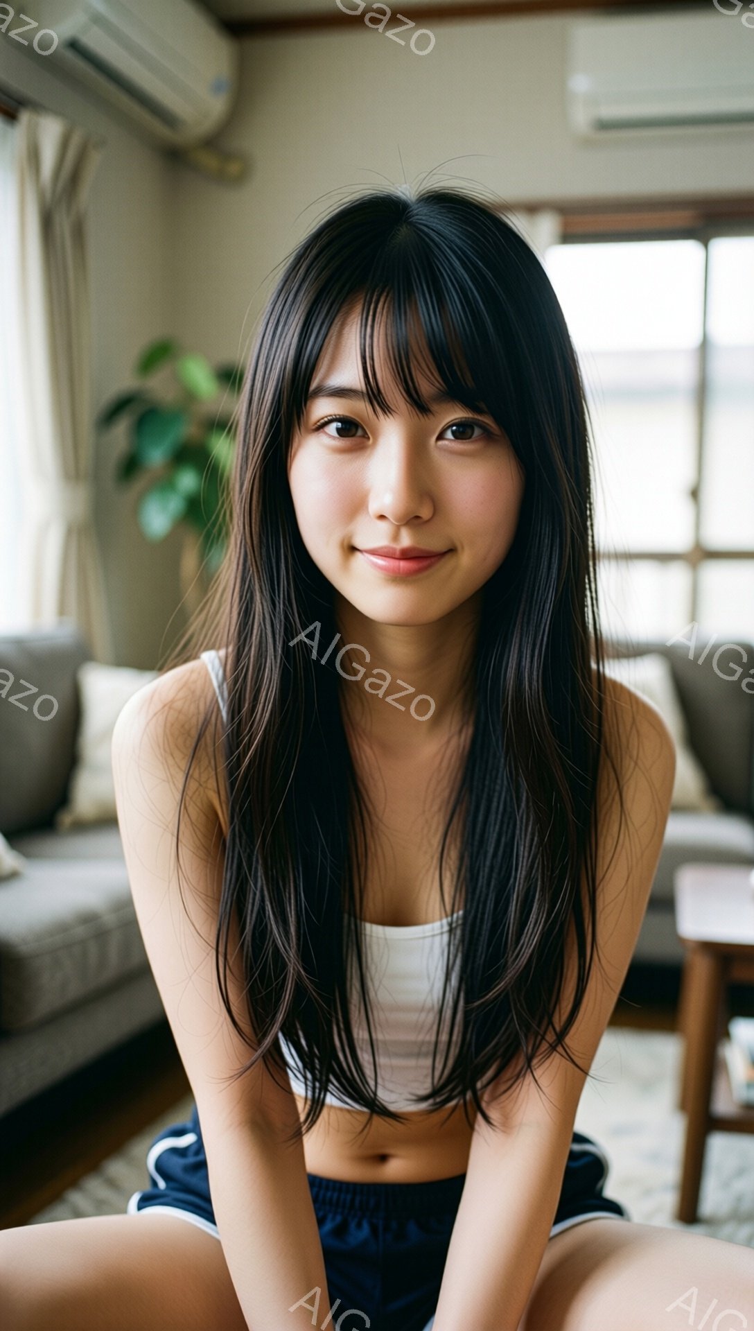 長い黒髪の女性が、白いタンクトップと紺色のショートパンツを着て、床に座っています。彼女は少し微笑んでおり、リラックスした表情です。背景には、ソファやテーブルが見え、明るい自然光が差し込むリビングルームのようです。