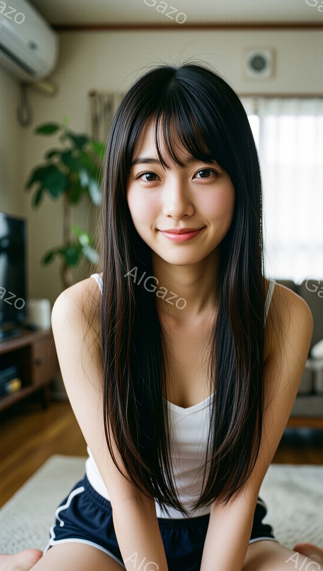 長い黒髪をセンターパートにした若い女性が写っています。白いタンクトップと紺色のスポーツショーツ姿で、わずかに微笑んでいます。背景には、テレビや植物があるリビングルームが見え、室内は明るく穏やかな雰囲気です。