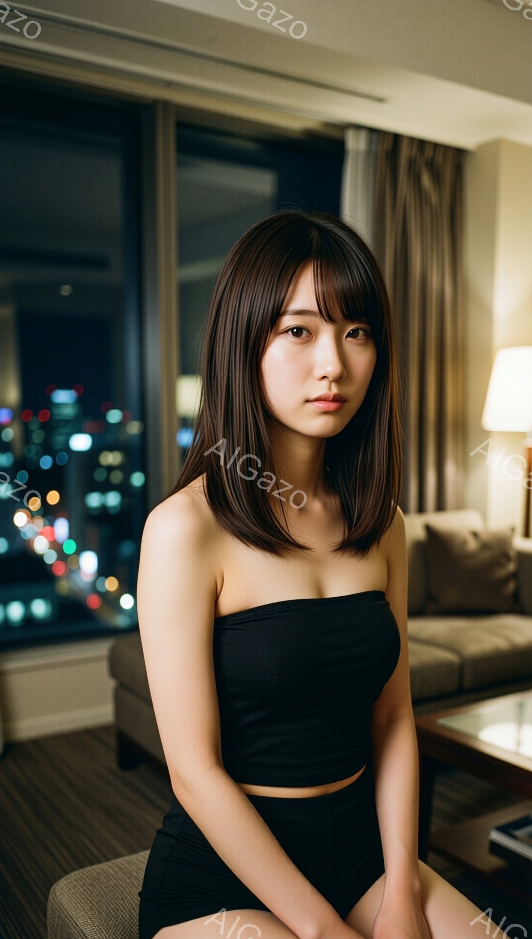 画像は、窓の大きなリビングで椅子に座る若い女性を捉えています。彼女は黒のチューブトップとショートパンツを着用し、肩までの長さのダークブラウンの髪はストレートで前髪があります。夜の街並みが見える窓を背景に、彼女は穏やかな表情で正面を見つめており、部屋全体は落ち着いた照明で照らされています。