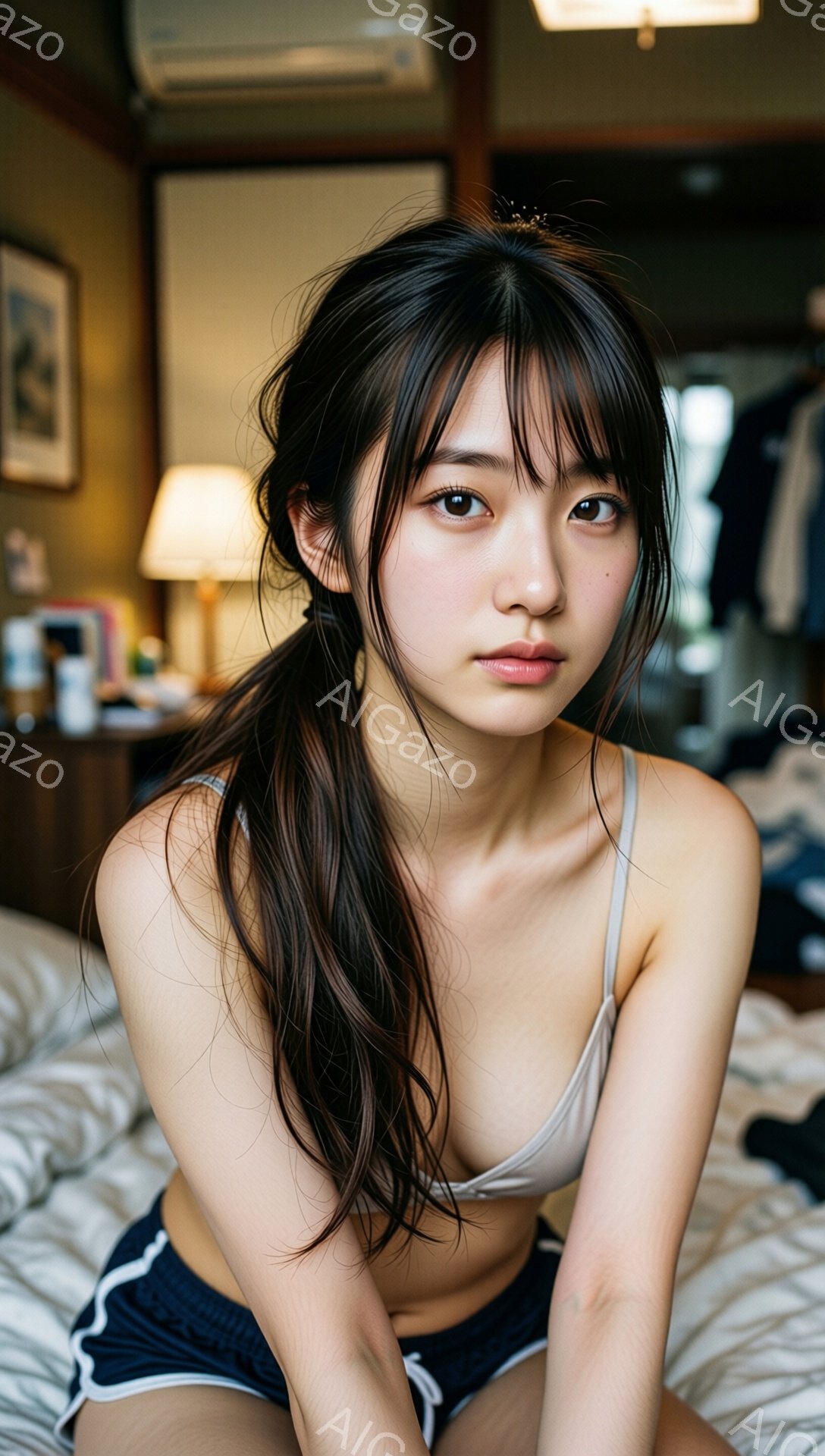 長い黒髪をハーフアップにした若い女性が、白いタンクトップと紺色のショートパンツ姿でベッドに座っています。彼女はカメラに向かって少し憂いを帯びた表情で、リラックスした姿勢で膝を抱えています。背景には室内の一部が見え、壁に掛けられた絵や家具、そして少し散らかった様子がうかがえます。