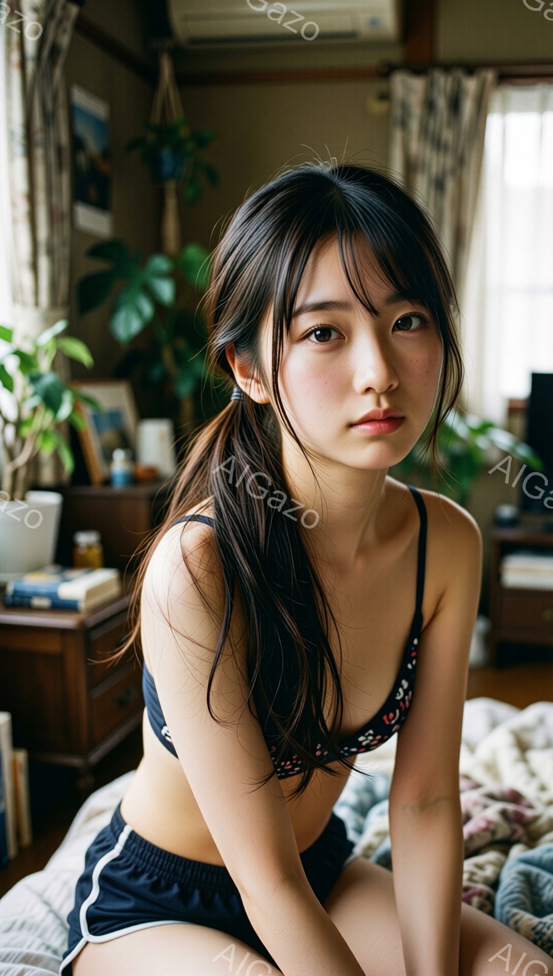 長い黒髪をポニーテールにした若い女性が、花柄のブラトップと黒いショーツ姿で、しわくちゃのベッドの上に座っています。彼女は少し微笑んでカメラを見つめており、リラックスした雰囲気を醸し出しています。背景には木製のキャビネットや植物が見え、部屋の雰囲気は暖かく、自然光が差し込んでいます。