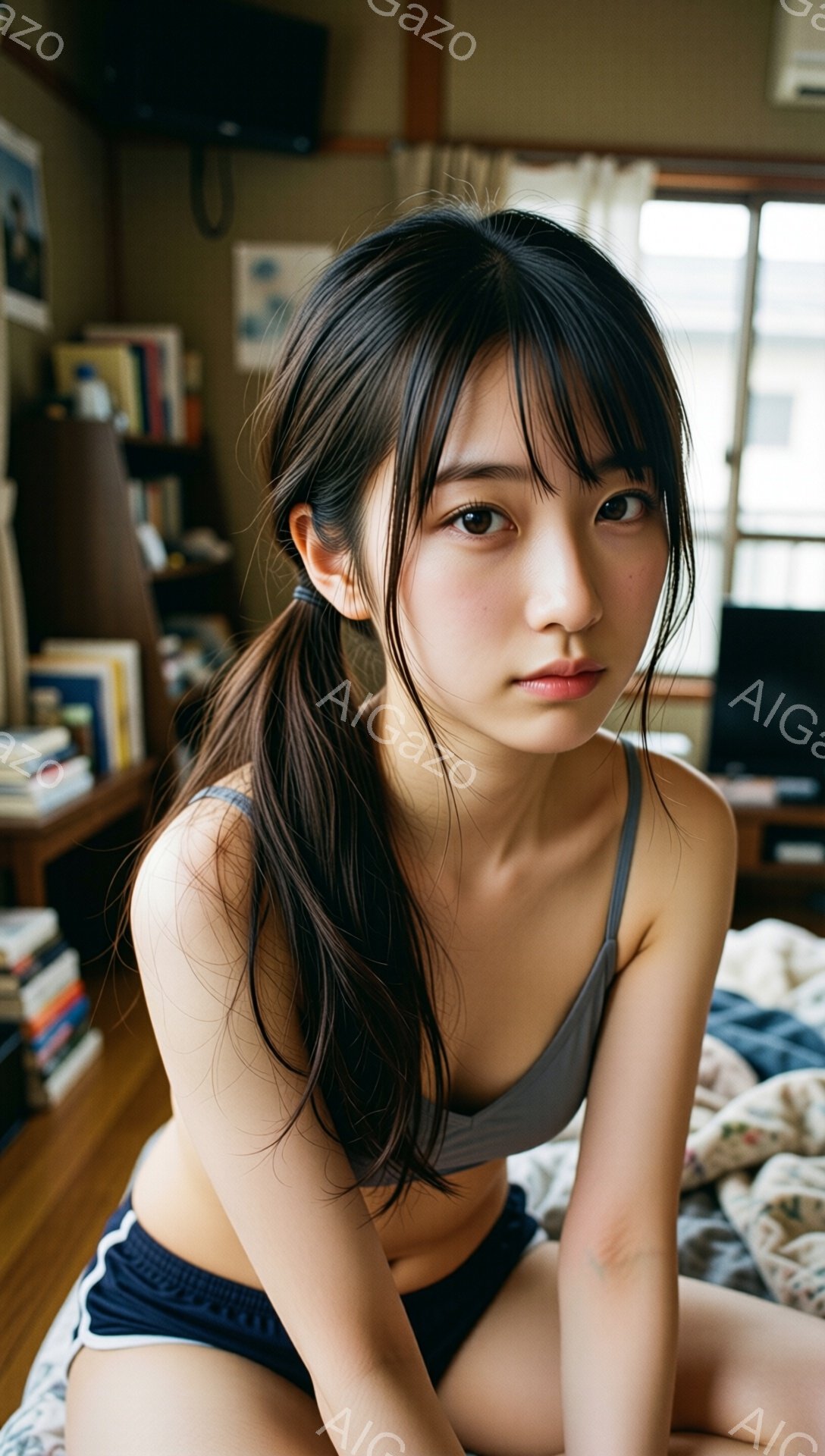 長い黒髪をハーフアップにした若い女性が、グレーのスポーツブラと紺色のショートパンツ姿でベッドに座っている。彼女はカメラを見つめ、やや微笑んだ表情で、リラックスした雰囲気である。背景には本棚や窓が見え、 - AI生成フリー素材