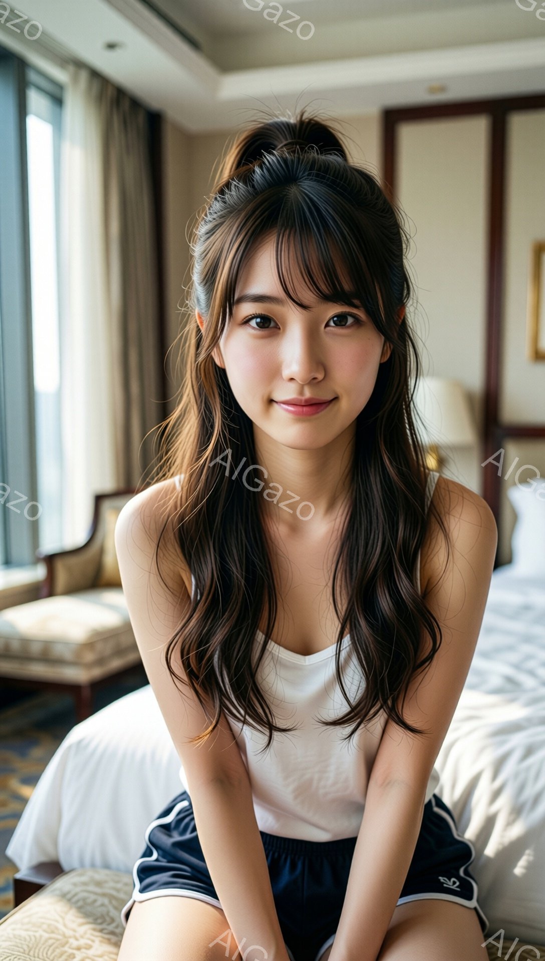 長い黒髪を無造作に巻いた若い女性が、白いタンクトップと紺色のショートパンツ姿で椅子に座っています。彼女は微笑みを浮かべ、カメラの方を穏やかに見つめており、リラックスした雰囲気が漂っています。背景にはベ - AI生成フリー素材