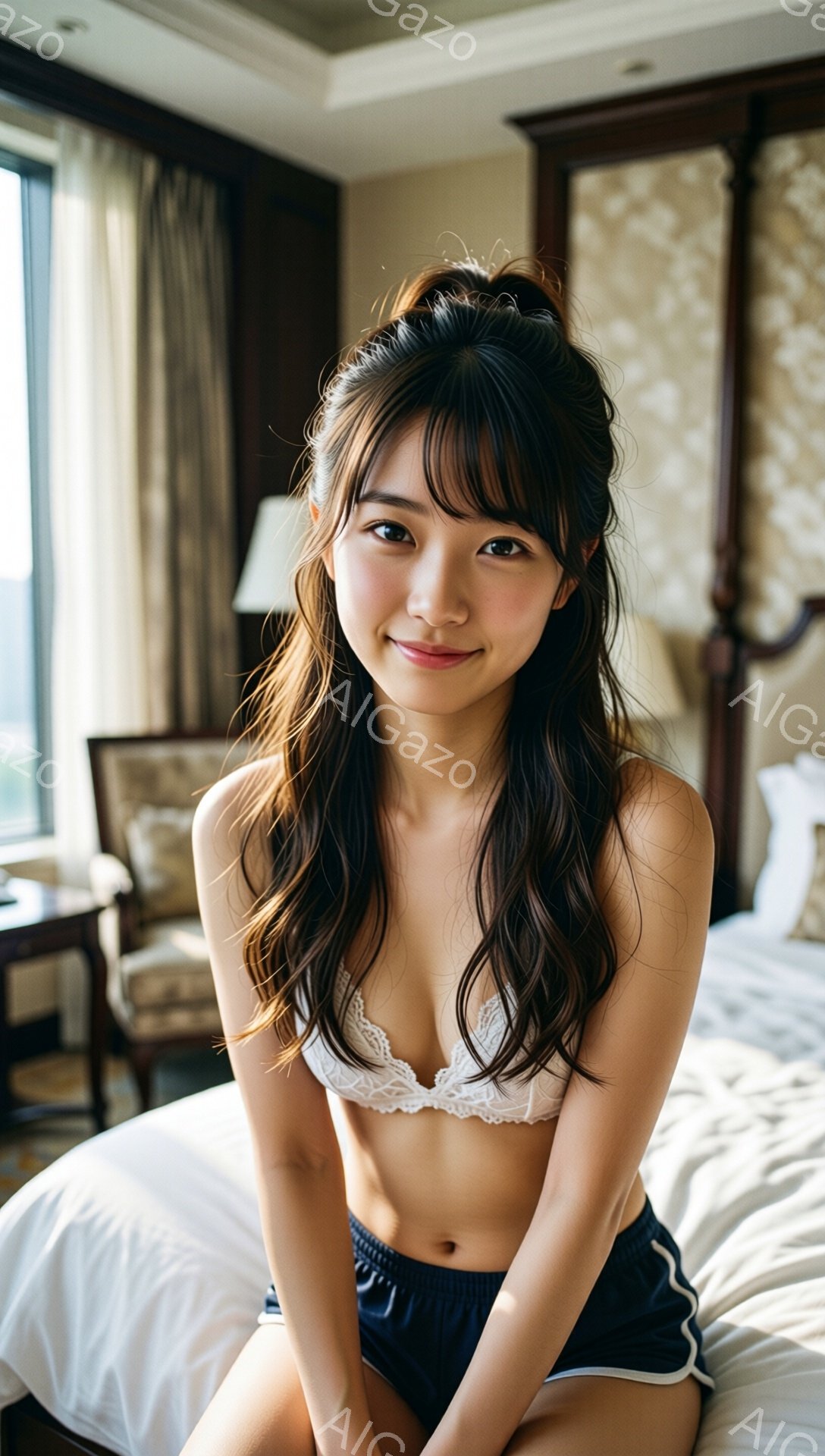 長い黒髪を無造作に垂らし、前髪は軽く流した若い女性がベッドに座っています。白いレースのブラと紺色のショートパンツを身につけ、少し微笑みを浮かべています。背景には木製の椅子と暖色系の壁紙が見え、室内は明るく、リラックスした雰囲気が漂っています。