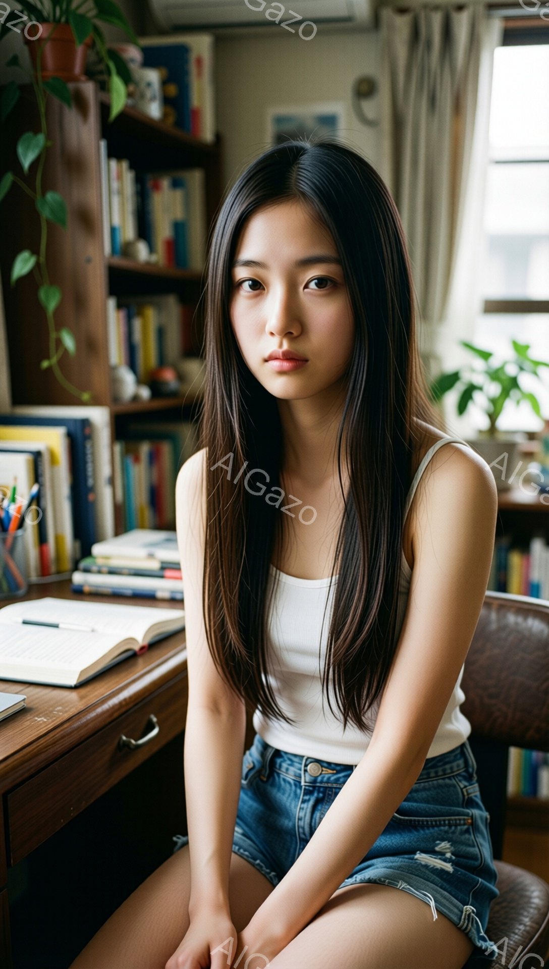 長い黒髪をセンターパートにした若い女性が、白いタンクトップとデニムのショートパンツを着て椅子に座っています。彼女は少し憂いを帯びた表情で、カメラの方をまっすぐ見ています。背景には本棚があり、植物や窓が見え、温かみのある室内空間が演出されています。