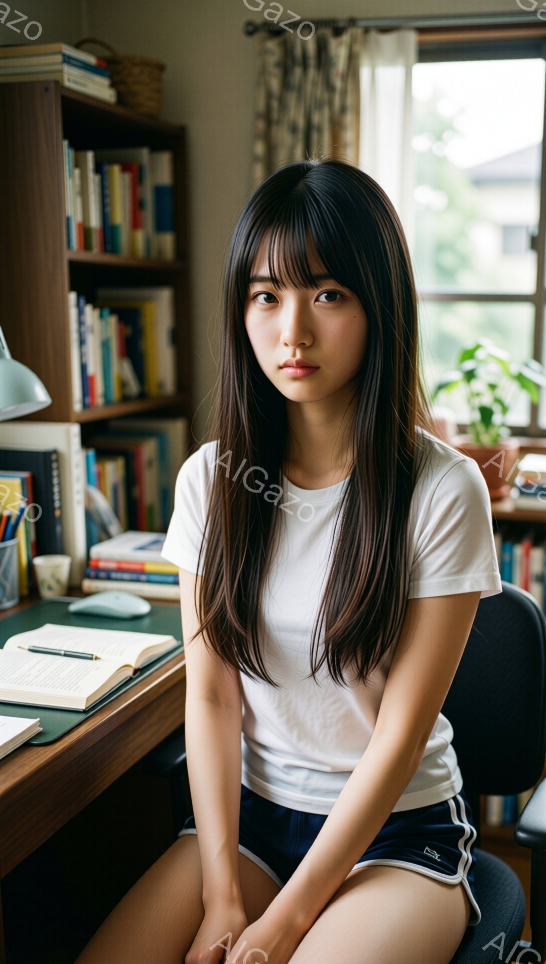 長い黒髪を肩まで垂らした若い女性が、白いTシャツと紺色の短パンを着て椅子に座っています。彼女は少し憂いを帯びた表情でカメラを見つめており、背景には本棚や勉強机、窓から見える緑が見えます。室内は明るく、落ち着いた雰囲気です。