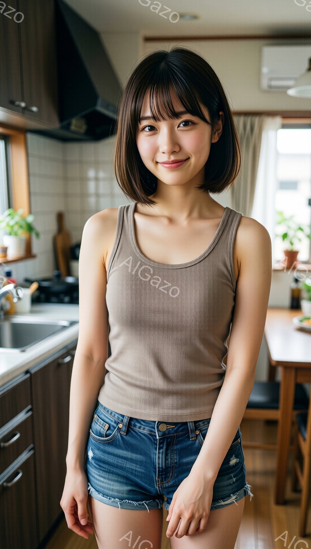 ショートヘアの女性がキッチンで微笑んでいます。ベージュ色のタンクトップと、ダメージ加工のデニムショートパンツを身に着けており、リラックスしたカジュアルな装いです。背景には木製のテーブル、シンク、そして観葉植物が映り、家庭的な温かい雰囲気が漂っています。