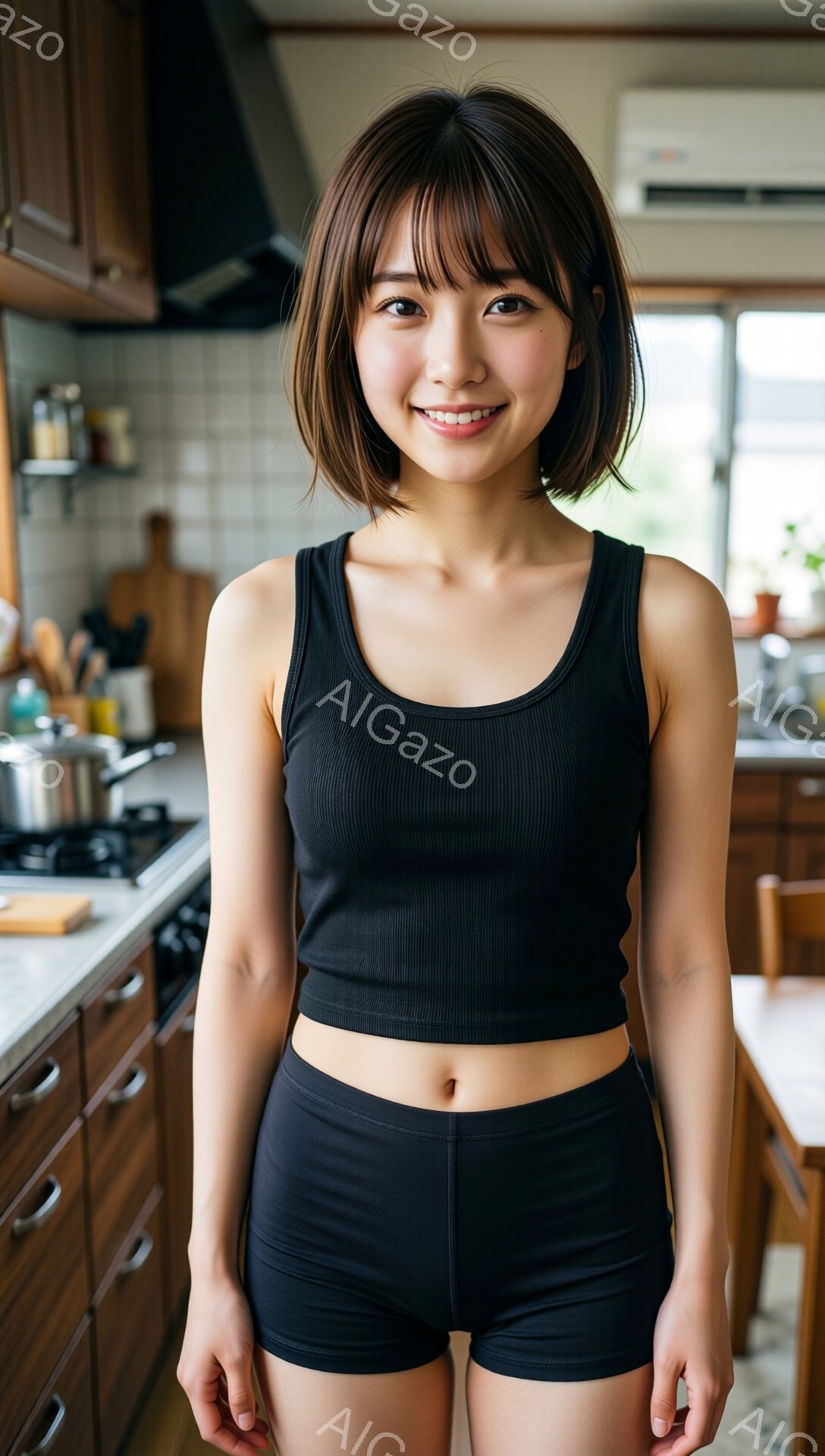 この女性は、黒のクロップド丈のタンクトップとショートパンツを着用し、キッチンで立っています。彼女は短い茶色の髪を持ち、微笑んでカメラを見ています。背景には木製のキャビネット、調理器具、窓からの自然光が見え、家庭的でリラックスした雰囲気です。