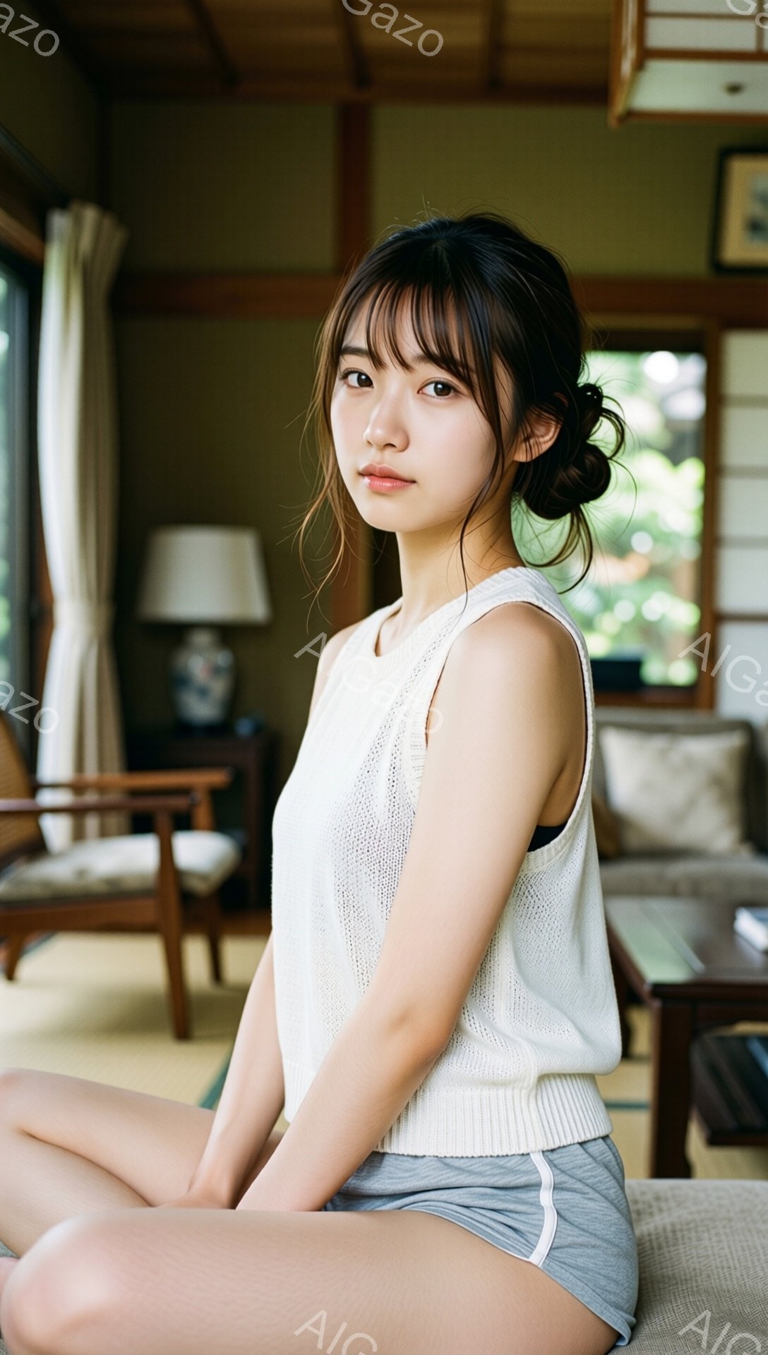 若い女性が畳の上に座っており、白いニットベストとグレーのショートパンツを着用しています。彼女は髪をハーフアップにしており、穏やかな表情でカメラを見ています。背景には木製の家具や障子、そして緑豊かな庭が見え、落ち着いた和の雰囲気です。