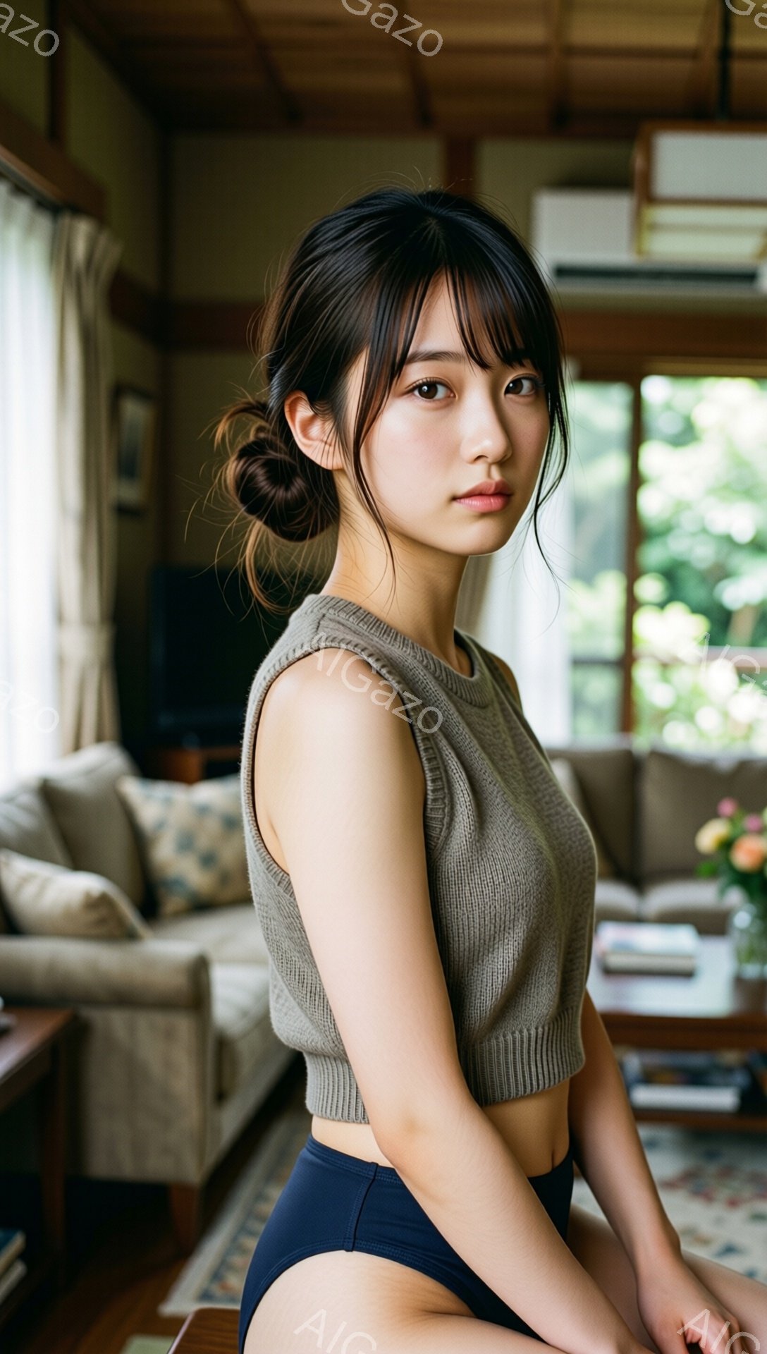 長い髪を無造作にまとめた女性が、ベージュの短いニットと紺色のボトムスを身につけて立っている。彼女は少し微笑んでおり、視線は正面を向いている。背景には、ソファーや木製の家具が見え、窓からは緑豊かな風景が望め、室内は明るく穏やかな雰囲気が漂っている。