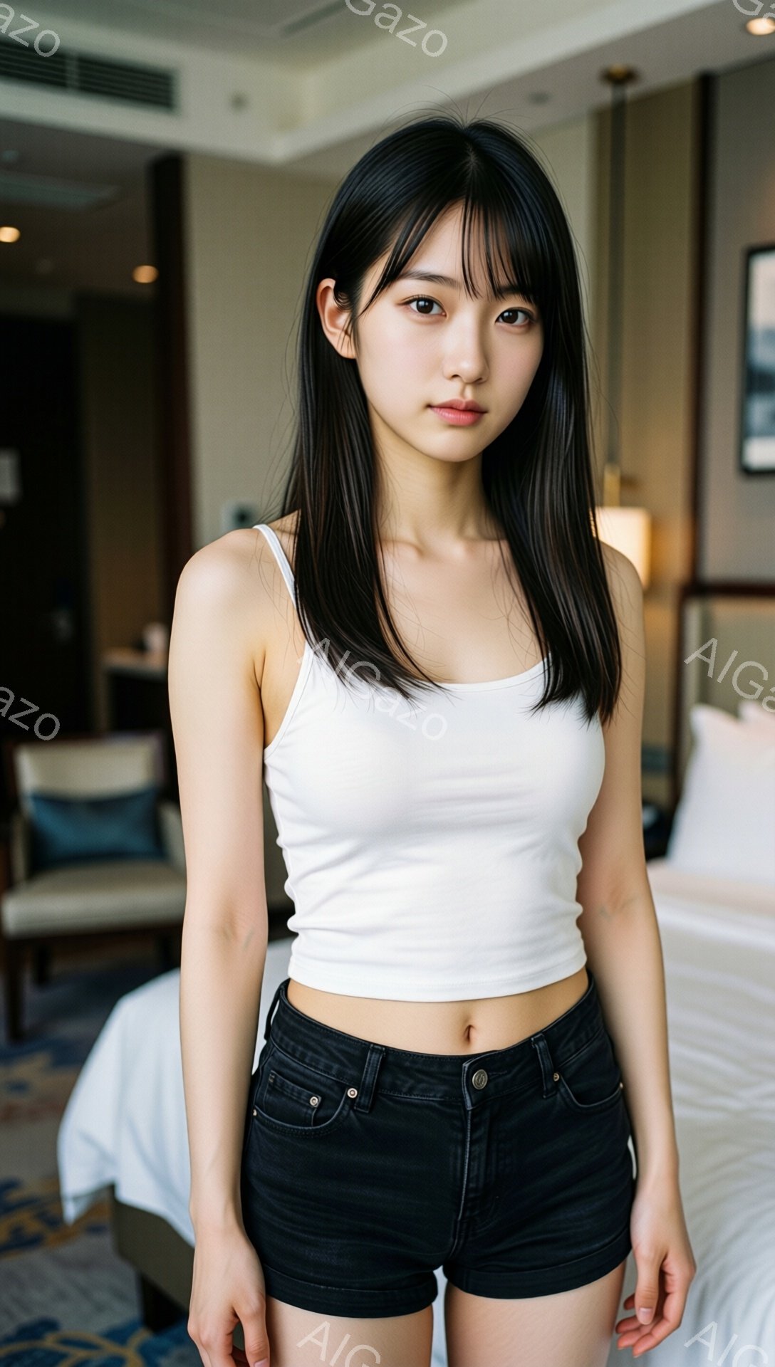長い黒髪をセンターパートにした若い女性が、白いタンクトップと黒いショートパンツを身に着けて立っています。彼女はわずかに微笑んでおり、姿勢はリラックスしています。背景には白いベッドと椅子があり、ホテルの部屋のような室内であることがわかります。