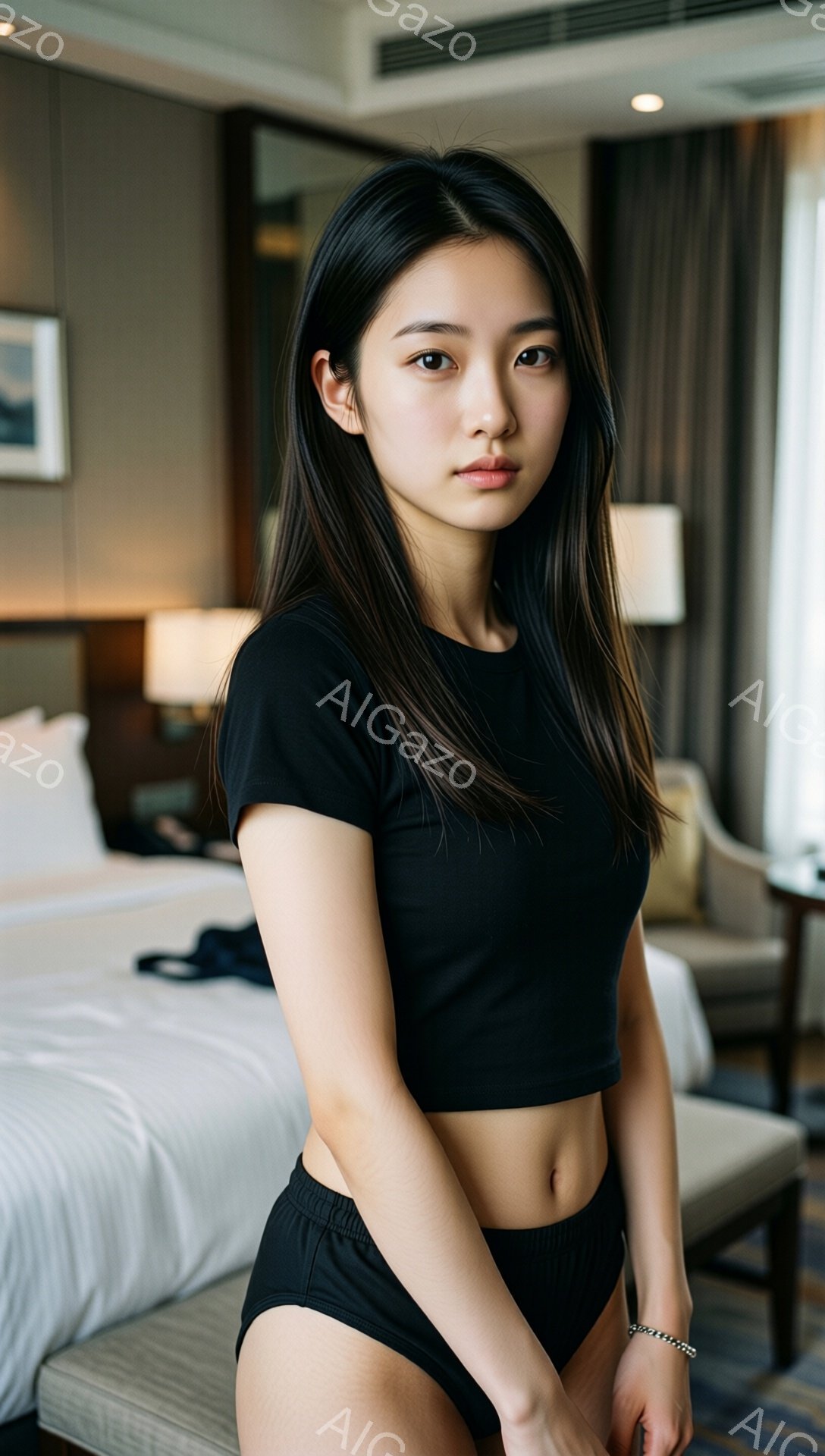 長い黒髪をセンターパートにした若い女性が、黒のクロップド丈トップスと下着姿で、ホテルの部屋の中に立っている。彼女は正面を見据え、やや物憂げな表情をしている。背景には白いベッドと薄暗い室内がぼやけており、落ち着いた雰囲気を感じさせる。