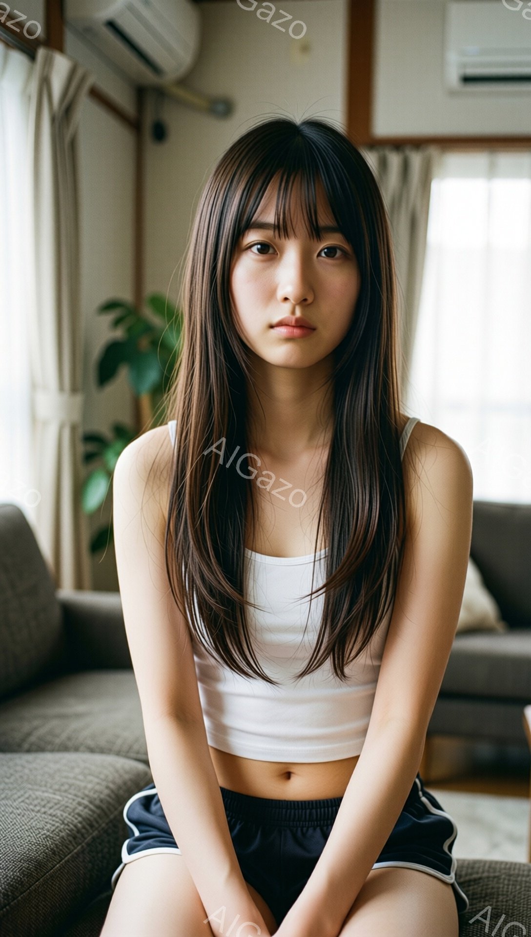 長い黒髪で前髪が目にかかる女性が、白いクロップド丈のトップスと紺色のショートパンツを身に着けて座っています。彼女はやや緊張した表情で、まっすぐカメラを見つめています。背景にはグレーのソファと植物が見え、リビングルームのような室内で撮影されたと思われます。