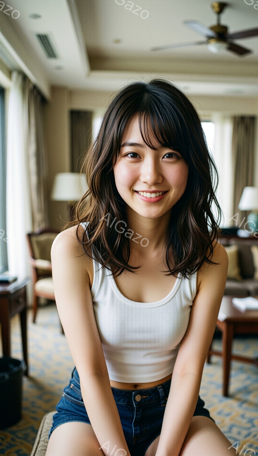 画像は、短いデニムパンツと白いタンクトップを着た若い女性を捉えています。彼女は微笑んでおり、長い茶色の髪は肩にかかっています。背景は、テーブルと椅子のある居心地の良い部屋で、部屋全体が明るく穏やかな雰 - AI生成フリー素材