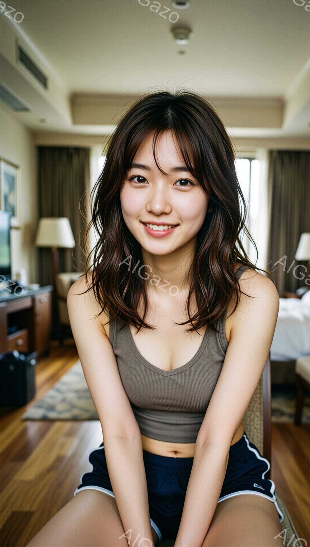 この女性は、灰色のクロップド丈のトップスと紺色のショートパンツを身に着けており、椅子に座って膝を曲げています。彼女は黒髪で、前髪が少しカールしており、明るい笑顔を浮かべています。背景には、木製の家具とカーペットが敷かれた、明るく開放的なホテルの部屋が見えます。